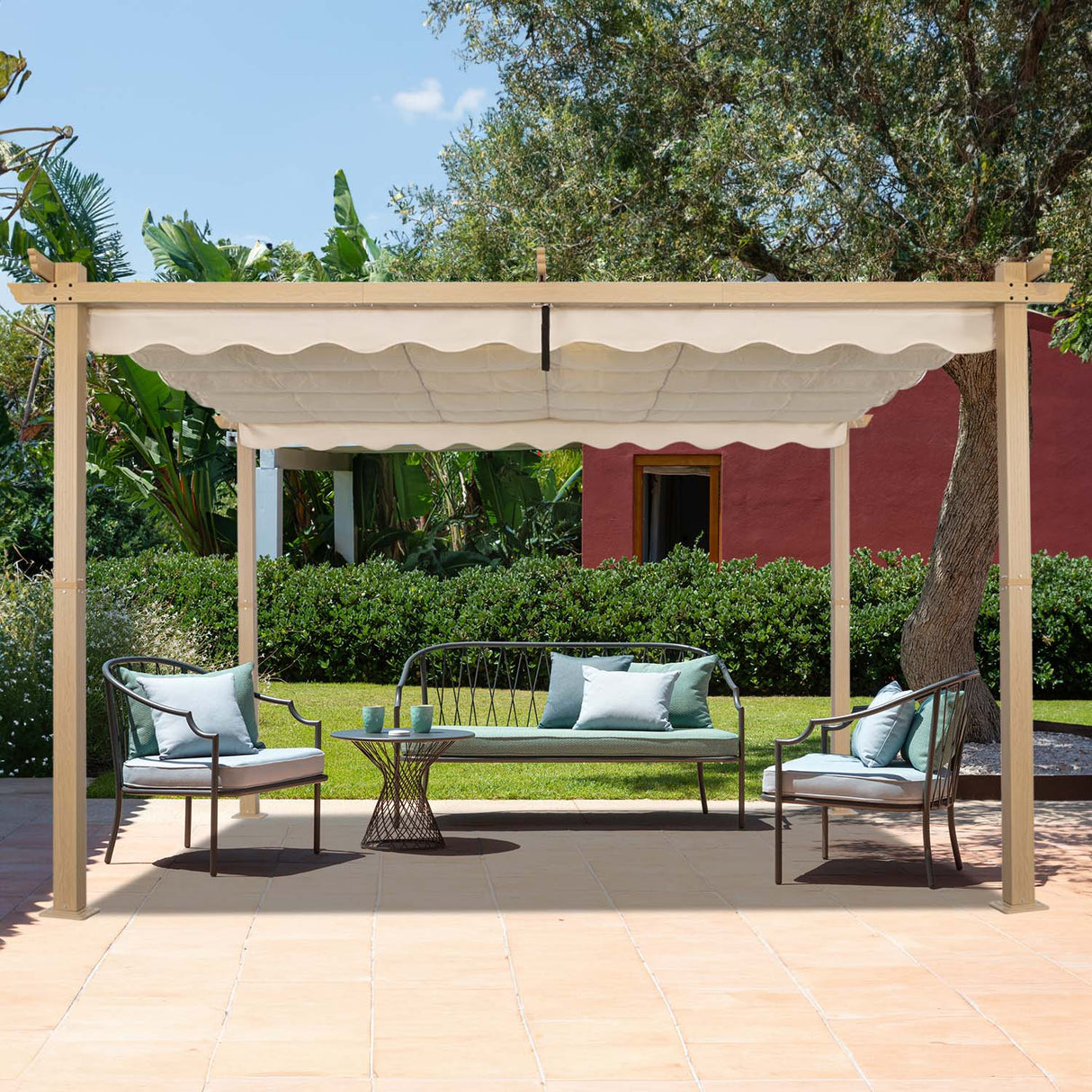 Angel Living Garten Pergola Pavillon Gartenpavillon aus Aluminium in anthrazit, Dachrohre aus Stahl, Verstellbares Dach aus Polyester Cremegelb