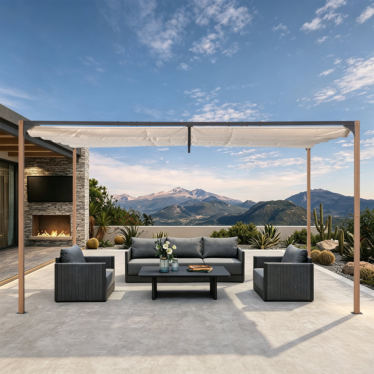 Angel Living Pergola aus einer Stahl-Aluminium-Kombination, 3 x 4 m, mit Einziehbarem Dach, Wasserdichtes Dach ohne Einfassung aus Polyester mit PU-Beschichtung, UV-beständig, für den Außenbereich: Garten, Terrasse (Cremegelb)