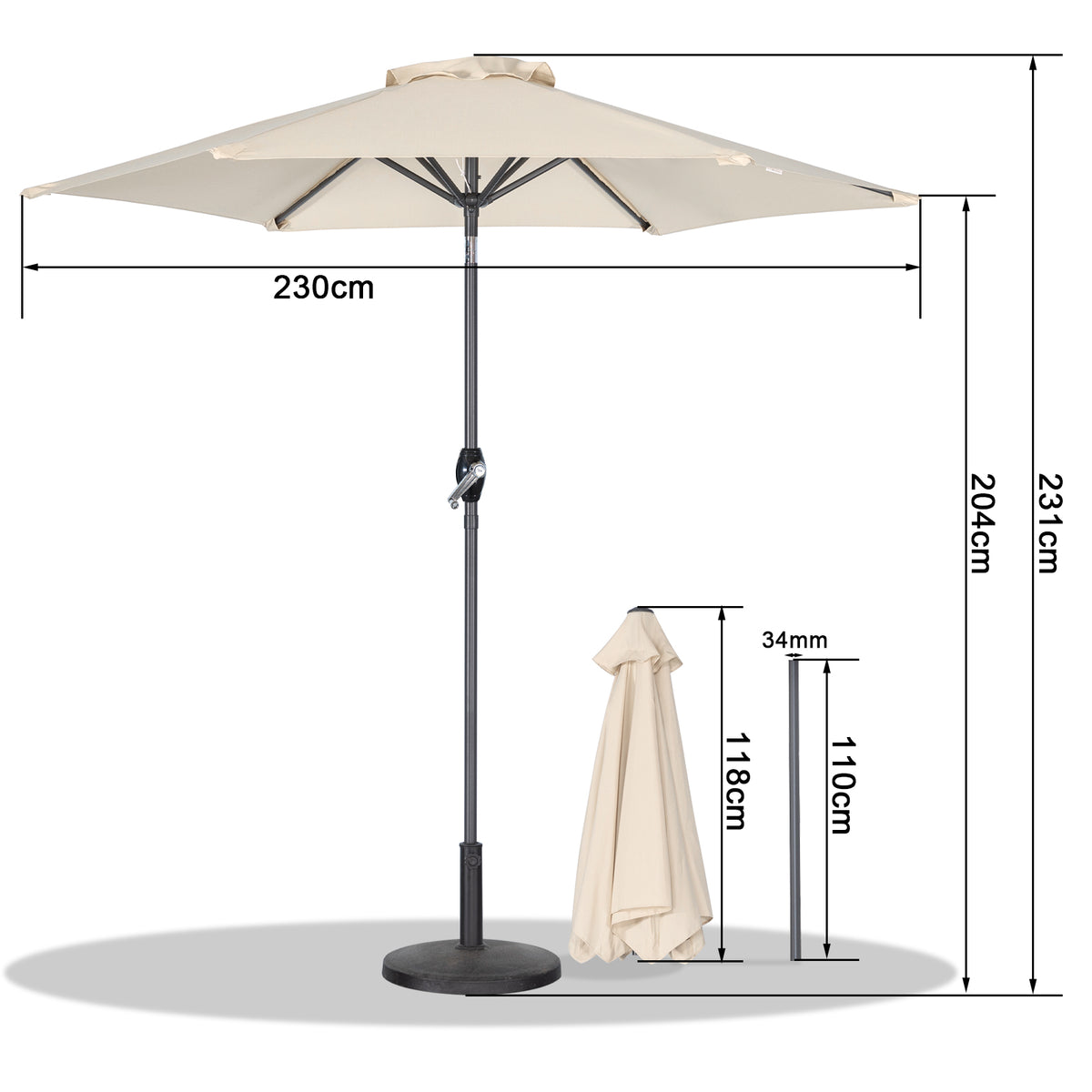 Angel Living Sonnenschirm 2.3M mit Kurbel und Neigbar, Gartenschirm Marktschirm Terrassenschirm Taupe Rund Sonneschirm Sonnenschutz aus Polyester UV50+