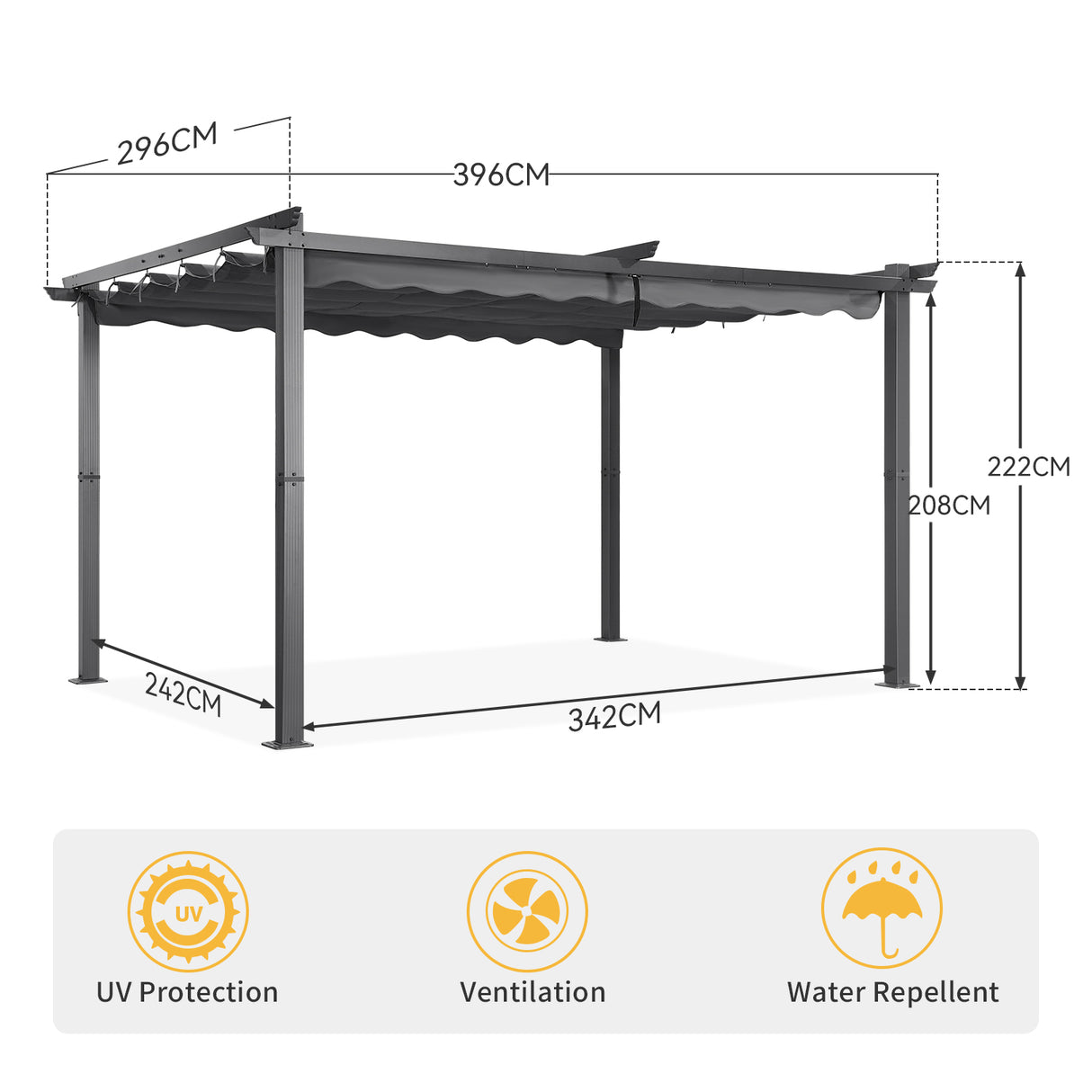 Angel Living Garten Pergola Pavillon Gartenpavillon aus Aluminium in anthrazit, Dachrohre aus Stahl, Verstellbares Dach aus Polyester