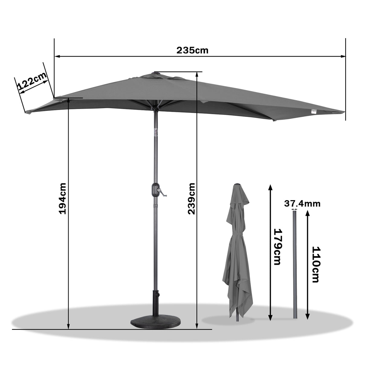 Angel Living Halbrunder Sonnenschirm 235x122cm für Balkon & Terrasse, Neigt Vorwärts/Rückwärts, Aluminium-Kurbel, UV-Schutz, Ideal für Garten, Terrasse, Balkon und Außenbereich