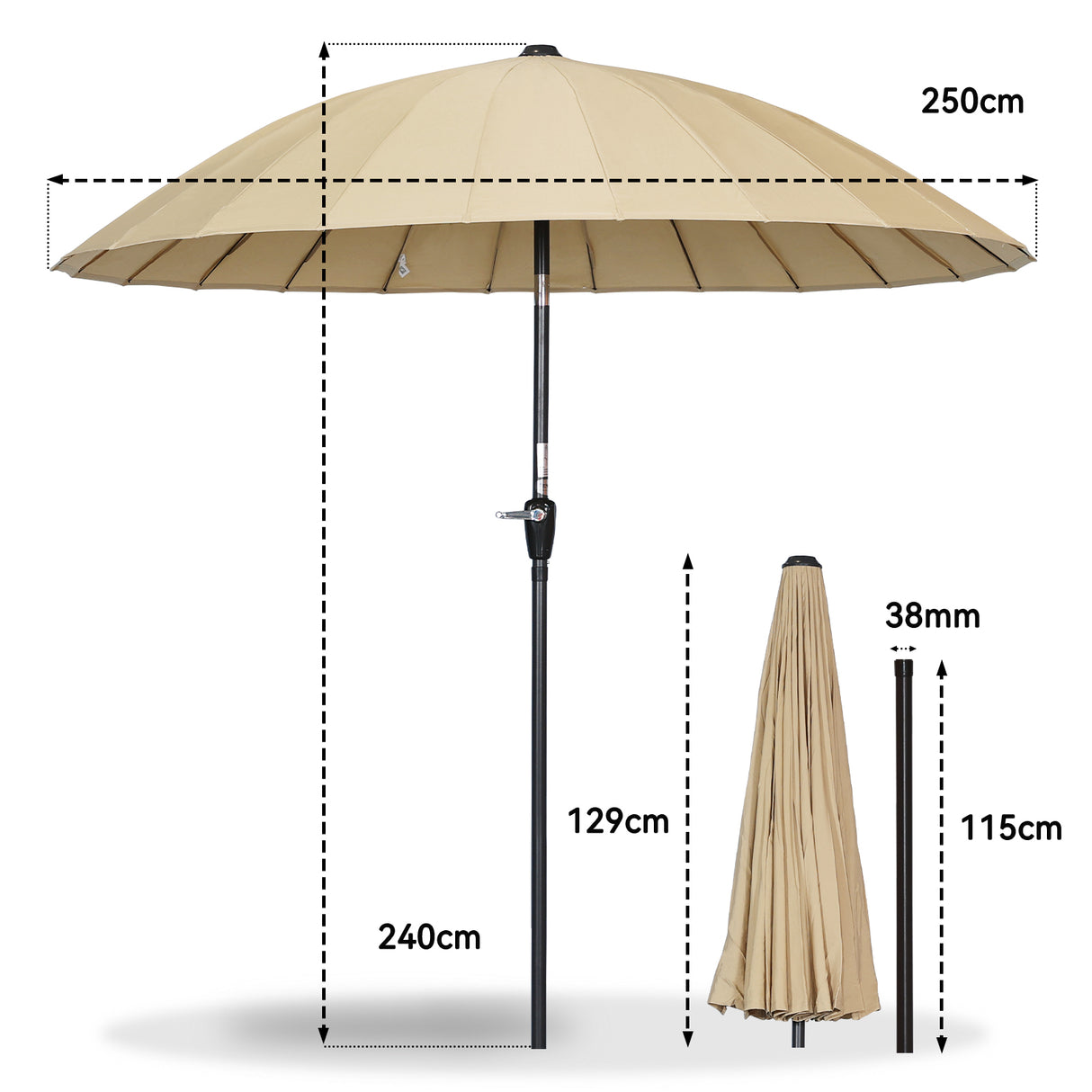 250cm Sonneschirm Sonnenschutz neigbar Rostfrei aus Aluminium, Stahl und Polyester
