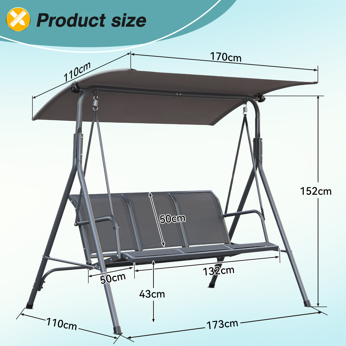 Angel Living Hollywoodschaukel Gartenschaukel 3 Sitzer mit Sonnenschutz aus Stahl Grau