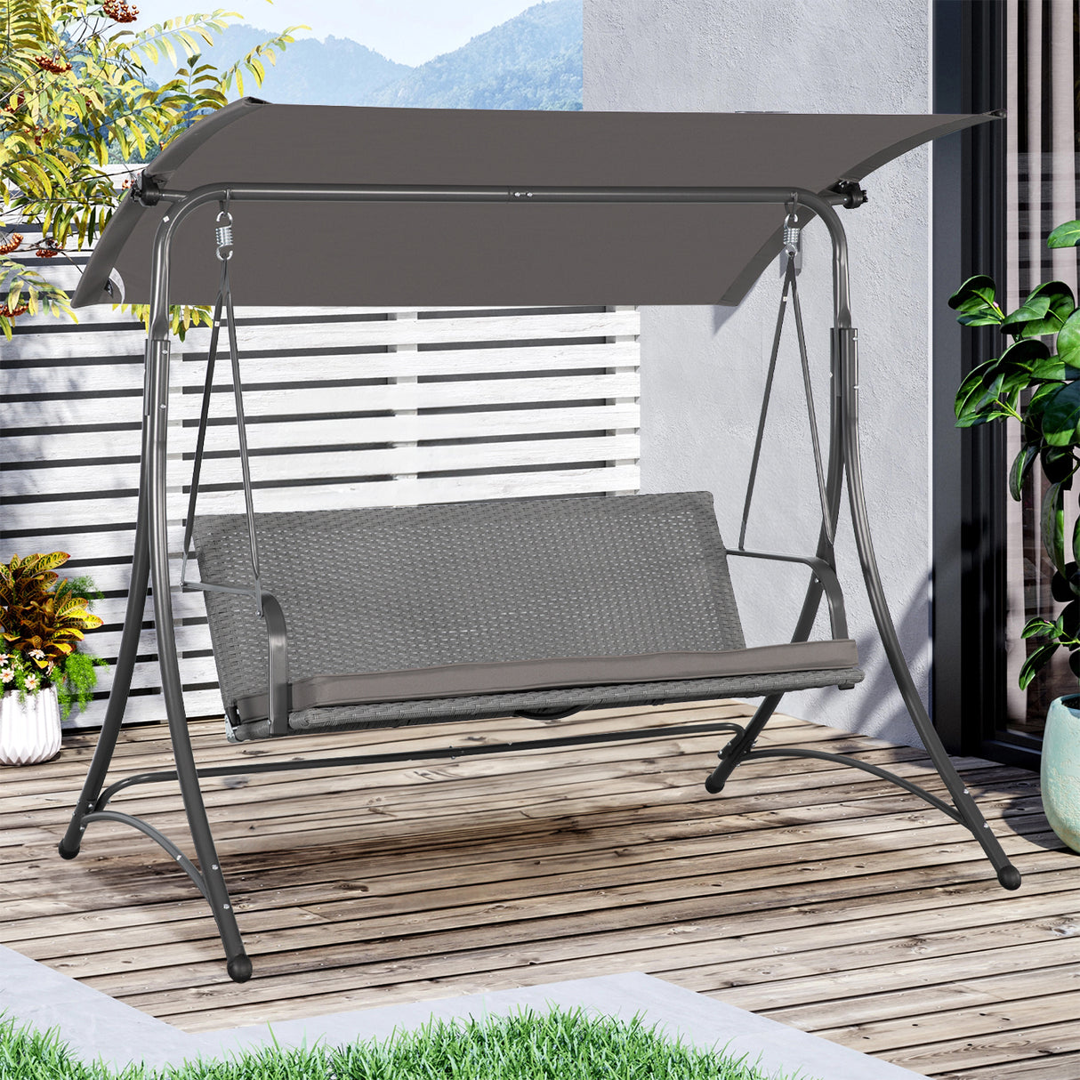 Angel Living Hollywoodschaukel Gartenschaukel Rattan 3-Sitzer mit Sonnendach und Sitzbezug170 x 110 x 157 cm