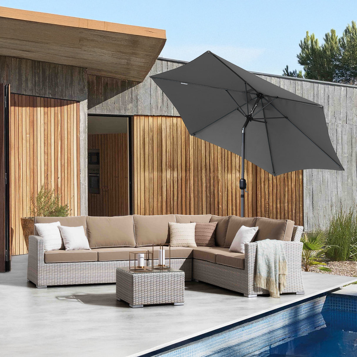 Angel Living Sonnenschirm Ø 270 cm Gartenschirm Marktschirm Terrassenschirm Taupe Rund Sonneschirm Sonnenschutz aus aus Metall, Stahl und Polyester UV50+