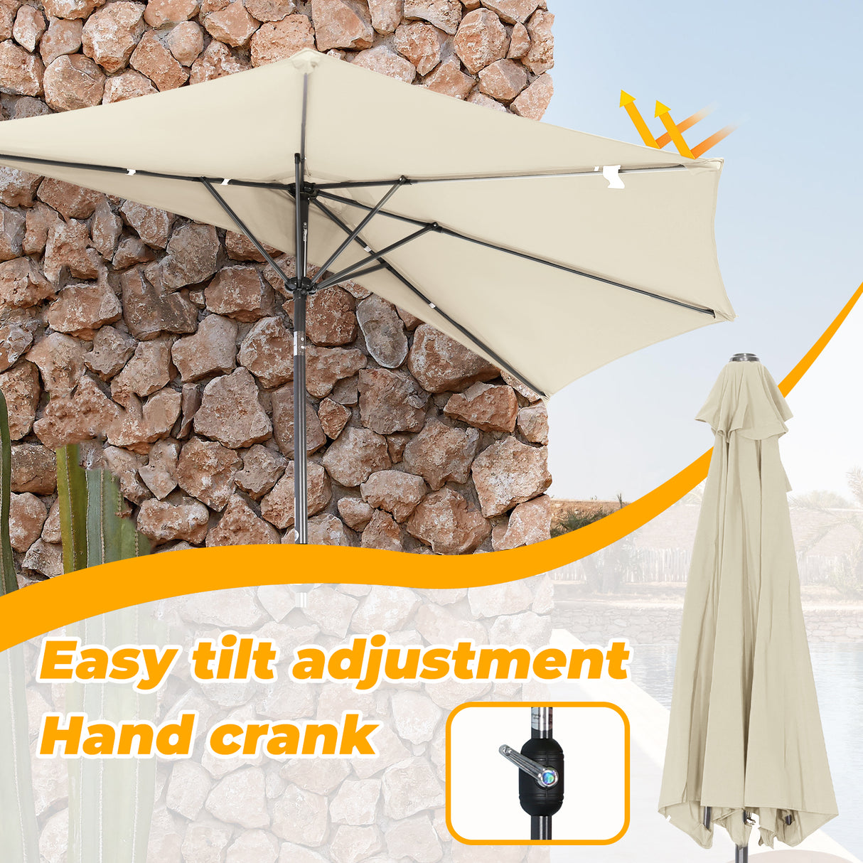 Angel Living 250cm Halbrund Sonnenschirm, Marktschirm,Terrassenschirm mit Kurbel für Garten,Terrassen,Höfe,Schwimmbäder,mit UV-Schutz 40+