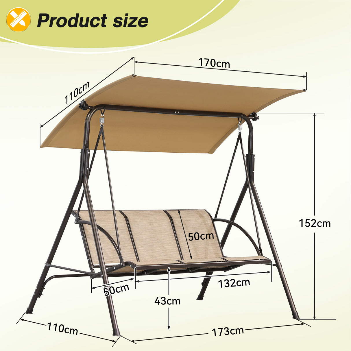 Angel Living Hollywoodschaukel Gartenschaukel 3 Sitzer mit Sonnenschutz aus Stahl Braun 170 x 110 x152cm