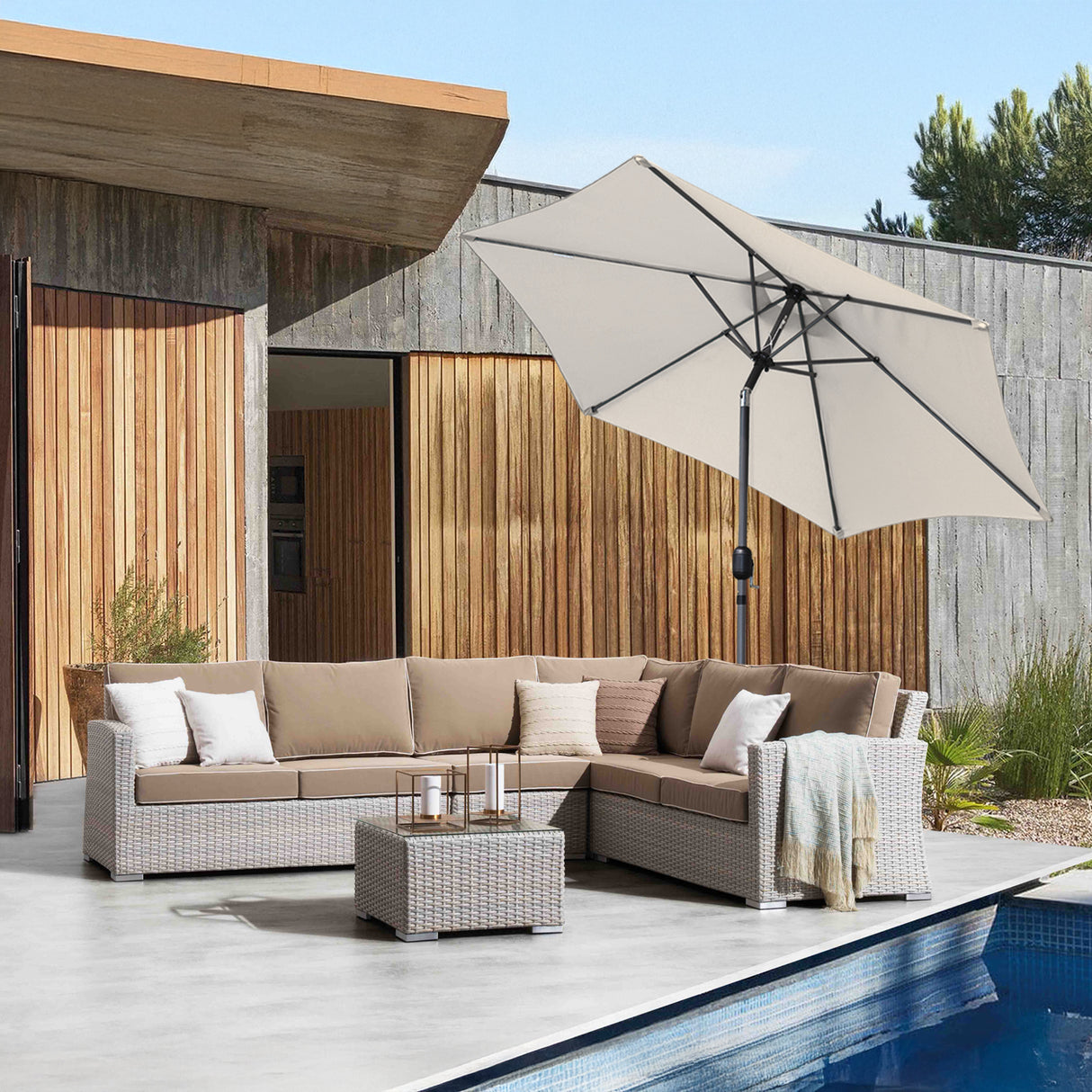 Angel Living Sonnenschirm Ø 270 cm Gartenschirm Marktschirm Terrassenschirm Taupe Rund Sonneschirm Sonnenschutz aus aus Metall, Stahl und Polyester UV50+