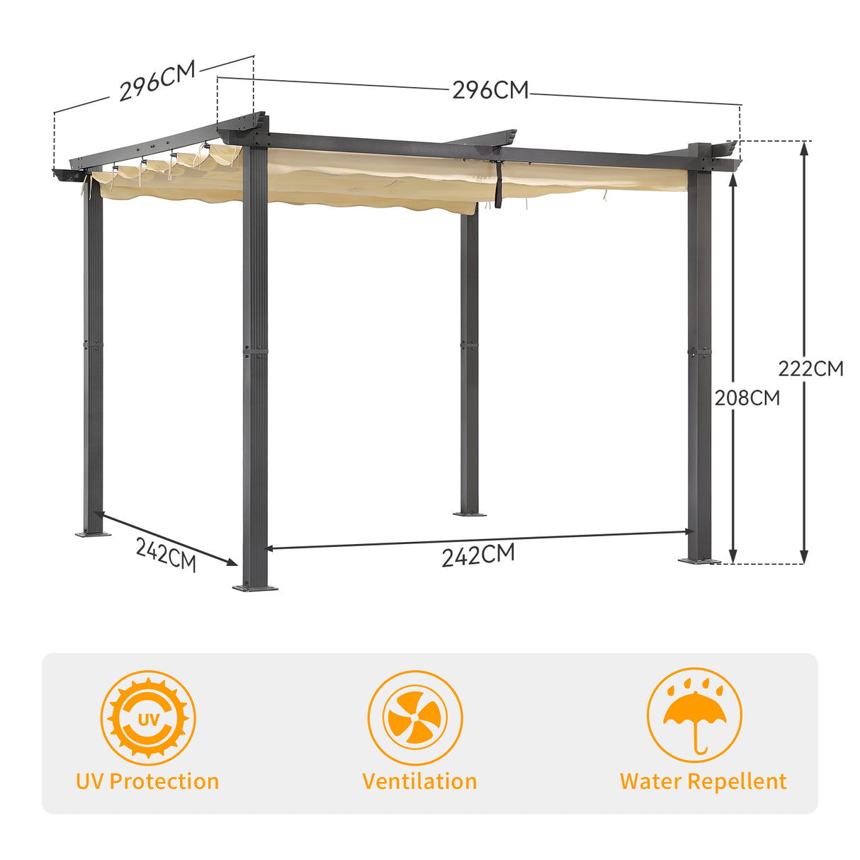 Angel Living Garten Pergola Pavillon Gartenpavillon aus Aluminium in anthrazit, Dachrohre aus Stahl, Verstellbares Dach aus Polyester
