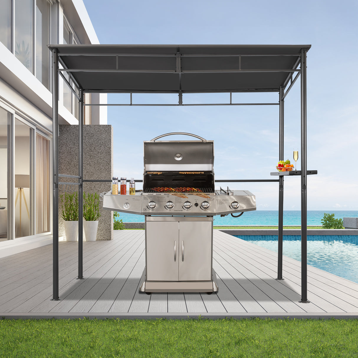 Angel Living Grillpavillon 218x150x215cm, Winddicht mit Seitenregalen Gartenpavillon Regalen Gartenlauben mit UV-Schutz, BBQ Pavillon aus Stahl, Gartenzelt Grillzelt für Party BBQ Grau