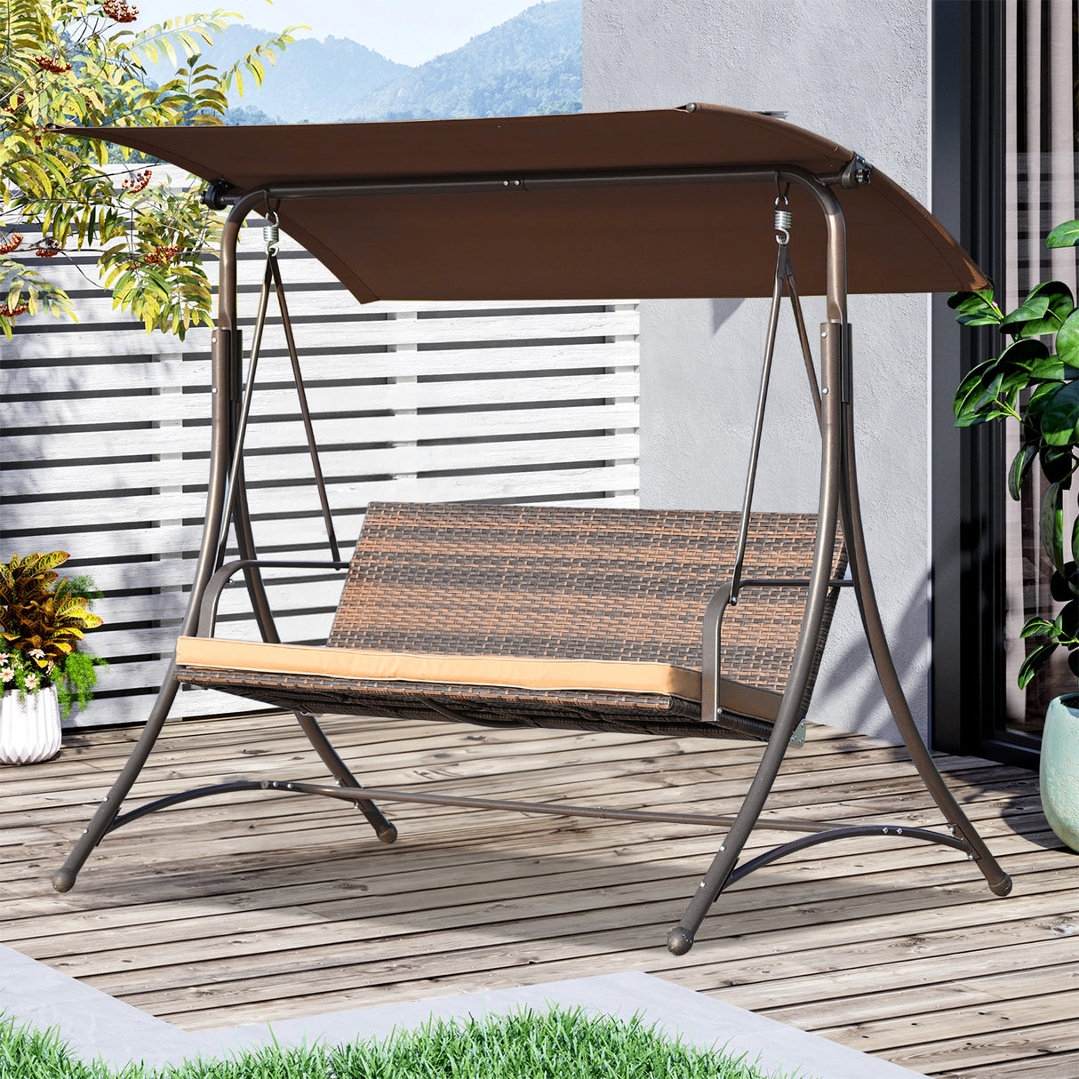Gartenschaukel 159T, mit braunem Dach und gewebtem Rattanstuhl, 170x110x153cm (3 Sitze)