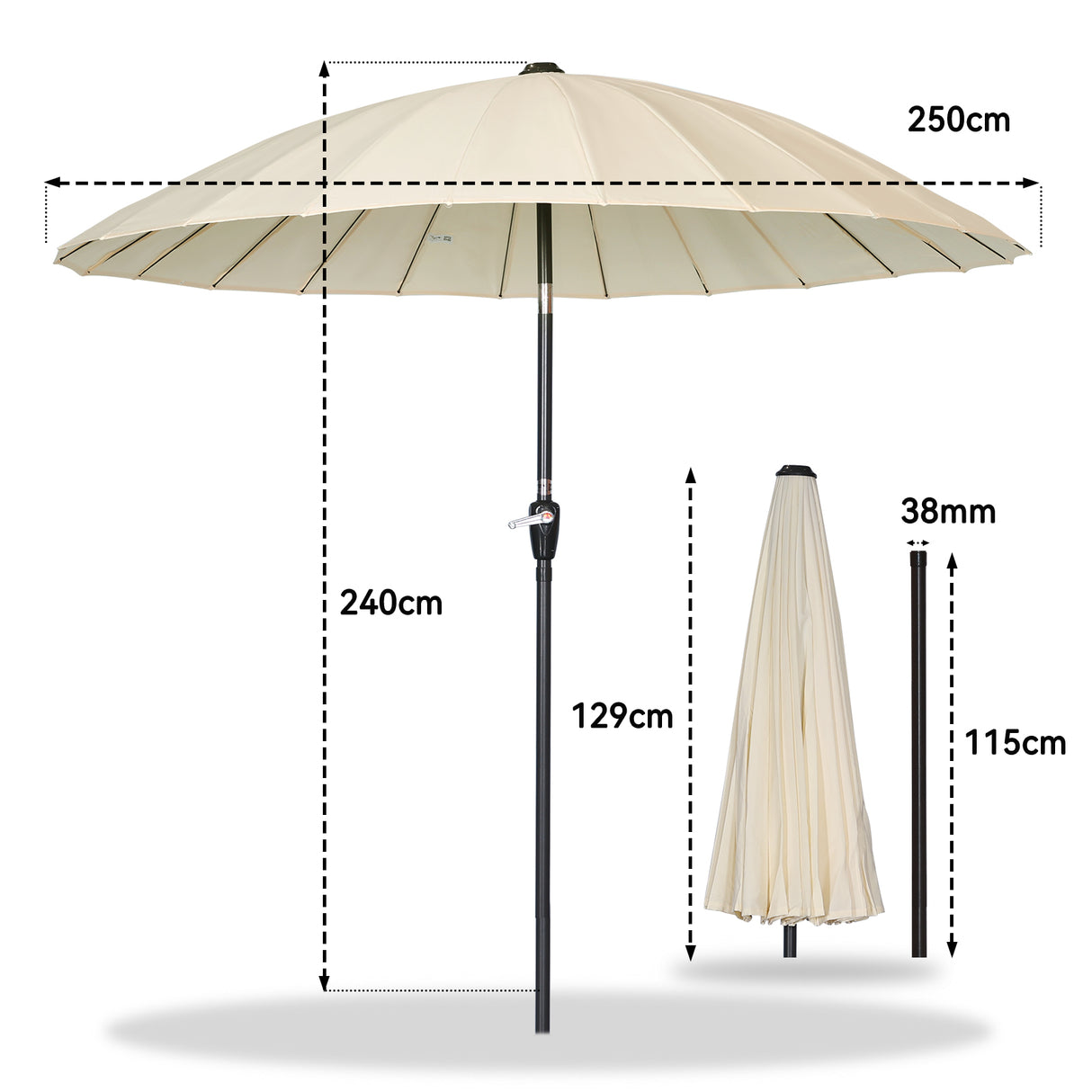 250cm Sonneschirm Sonnenschutz neigbar Rostfrei aus Aluminium, Stahl und Polyester