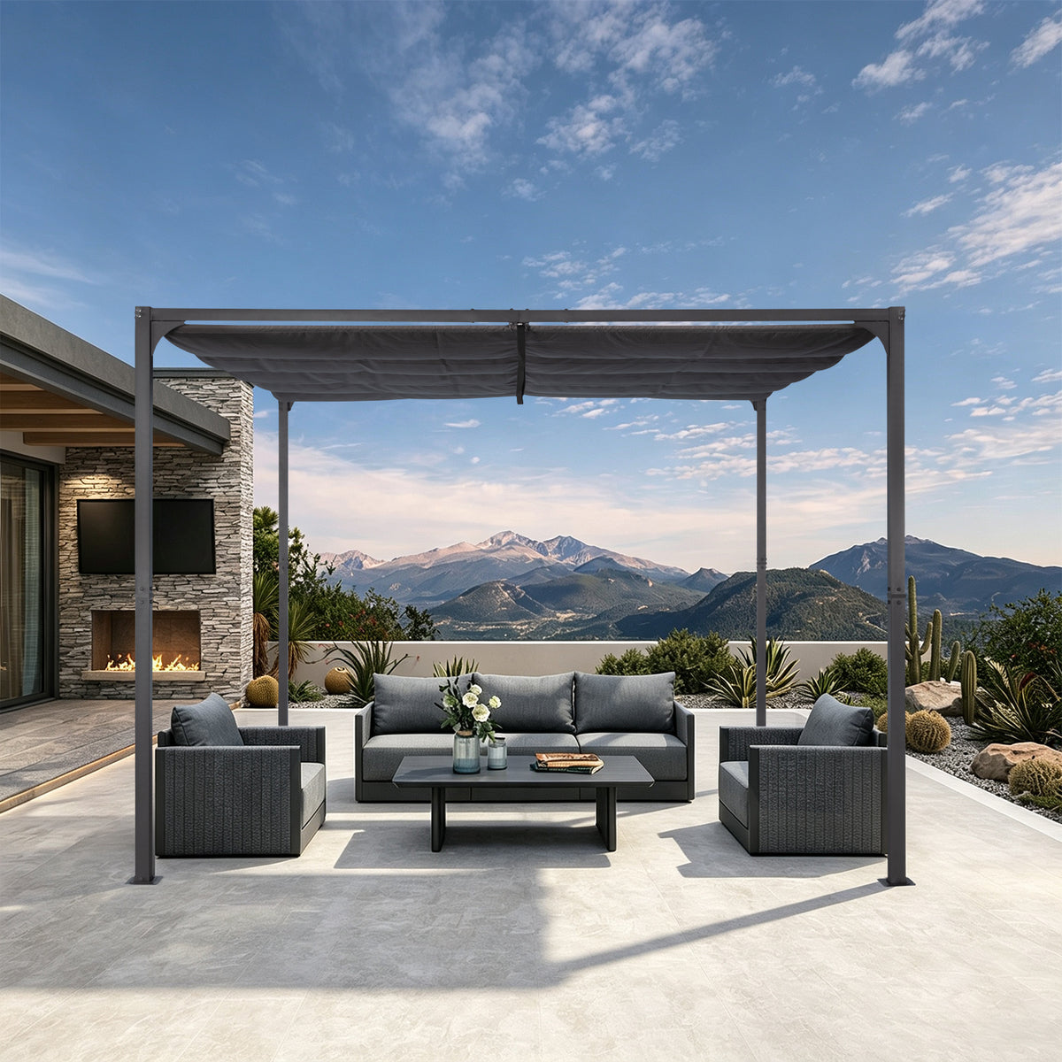 Angel Living Pergola aus einer Stahl-Aluminium-Kombination mit einziehbarem Dach, wasserdichtes Dach ohne Einfassung aus Polyester mit PU-Beschichtung, UV-beständig, für den Außenbereich: Garten, Terrasse