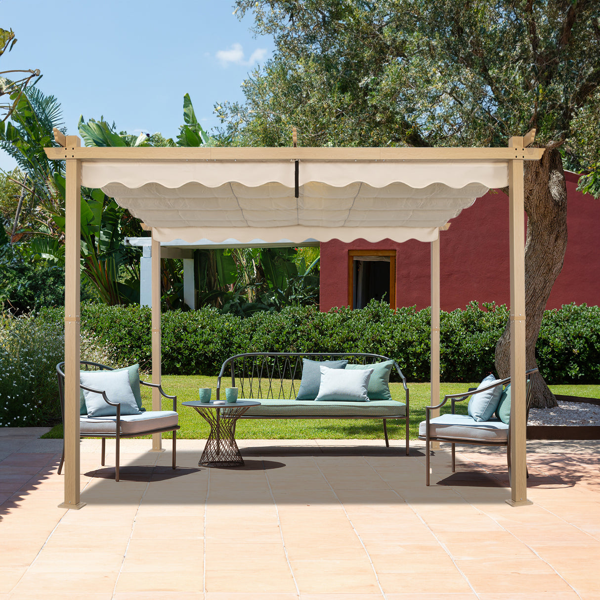 Angel Living Garten Pergola Pavillon Gartenpavillon aus Aluminium in anthrazit, Dachrohre aus Stahl, Verstellbares Dach aus Polyester Cremegelb