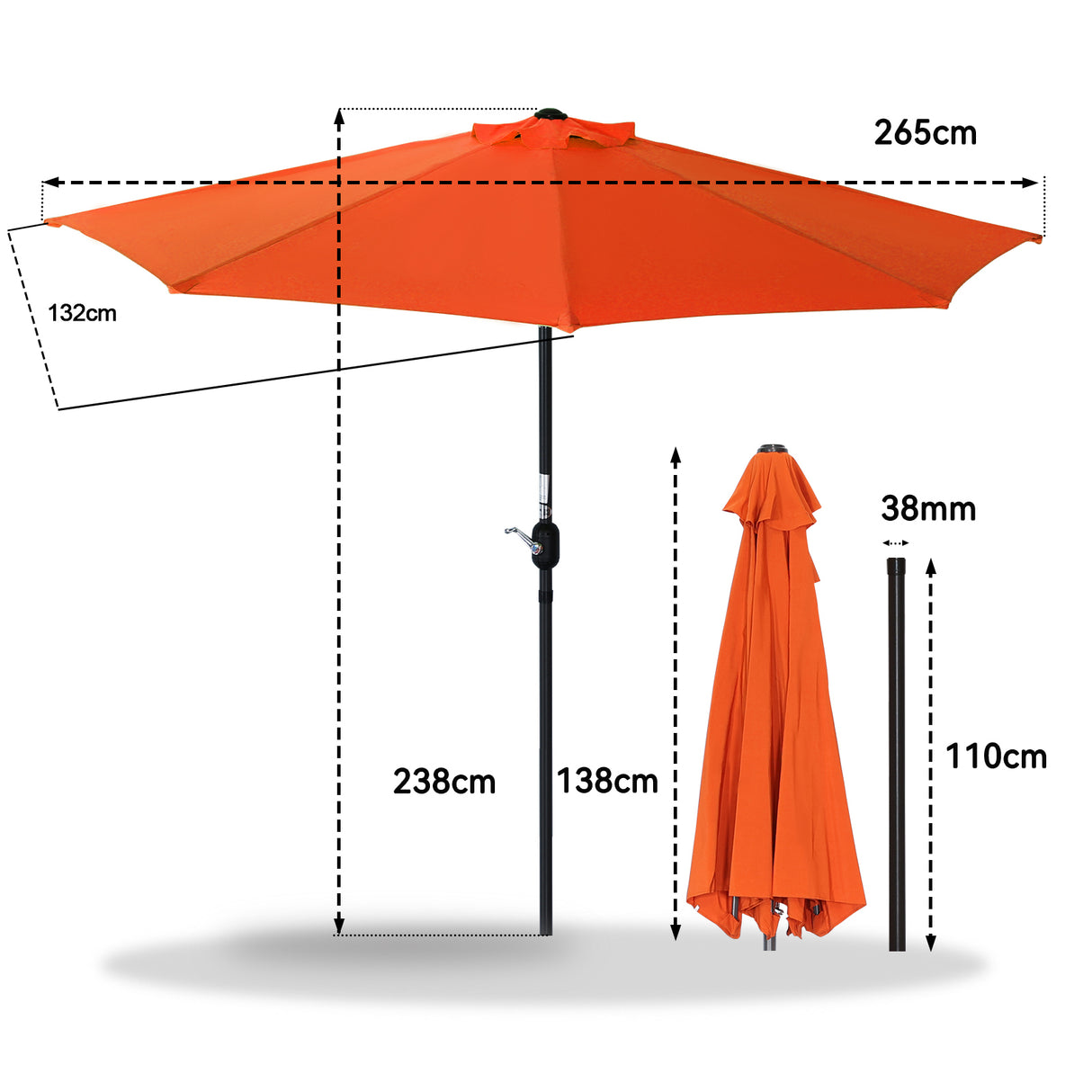 270cm Halbrund Sonnenschirm,Terrassenschirm mit Kurbel, mit UV-Schutz 40+