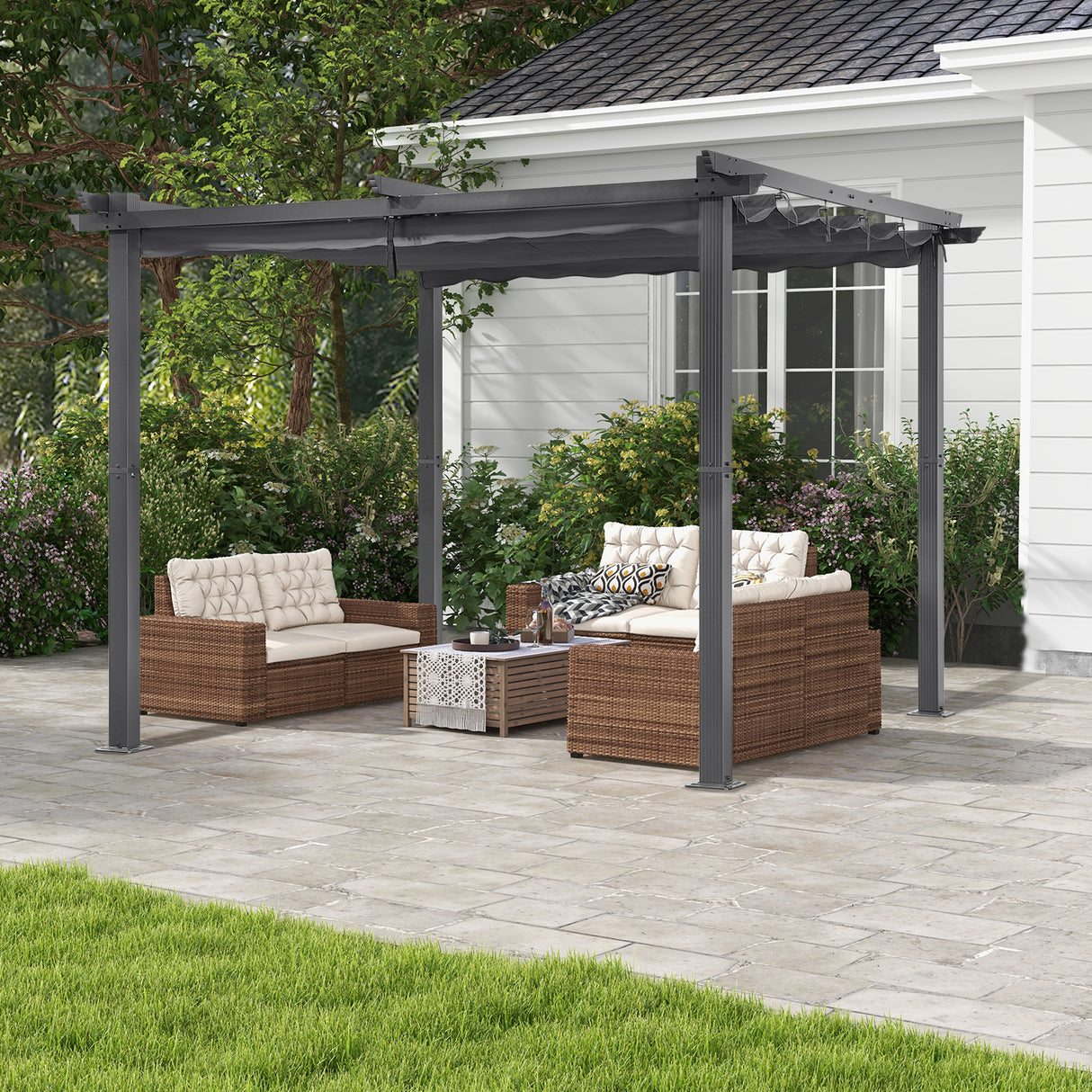 Angel Living Garten Pergola Pavillon Gartenpavillon aus Aluminium in anthrazit, Dachrohre aus Stahl, Verstellbares Dach aus Polyester