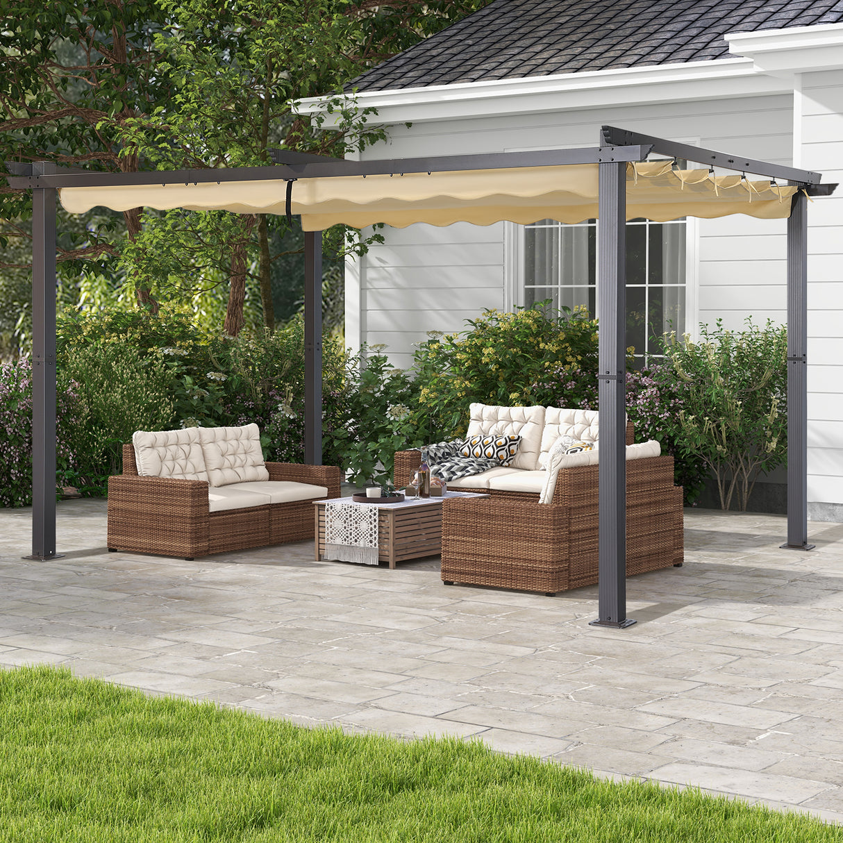 Angel Living Garten Pergola Pavillon Gartenpavillon aus Aluminium in anthrazit, Dachrohre aus Stahl, Verstellbares Dach aus Polyester