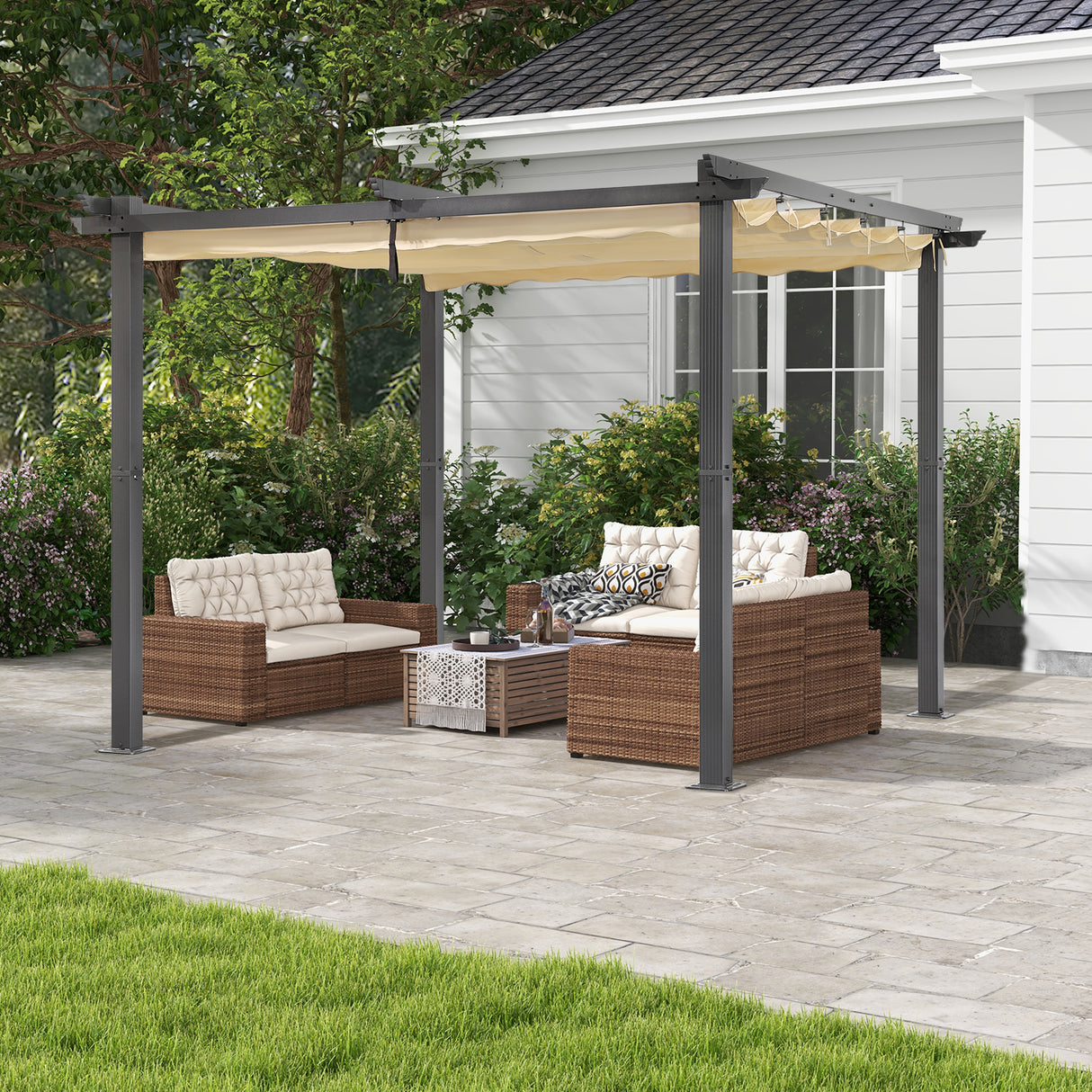 Angel Living Garten Pergola Pavillon Gartenpavillon aus Aluminium in anthrazit, Dachrohre aus Stahl, Verstellbares Dach aus Polyester