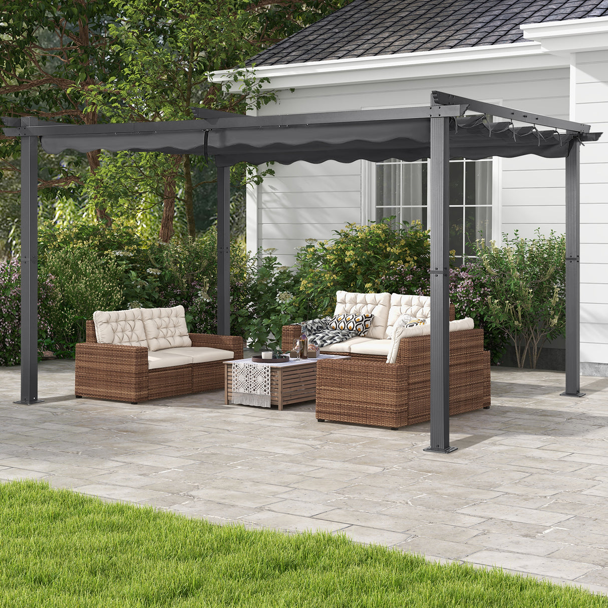 Angel Living Garten Pergola Pavillon Gartenpavillon aus Aluminium in anthrazit, Dachrohre aus Stahl, Verstellbares Dach aus Polyester
