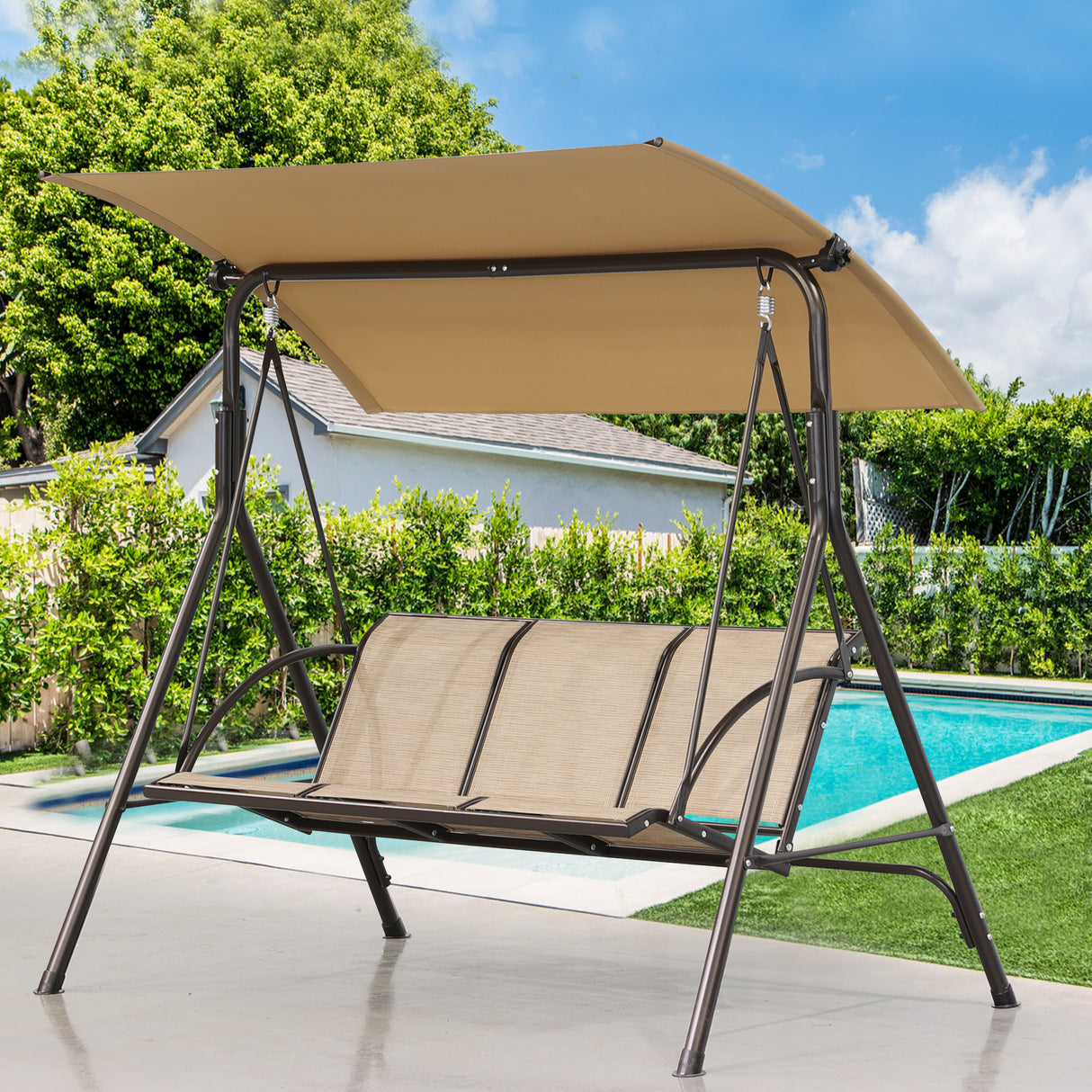 Angel Living Hollywoodschaukel Gartenschaukel 3 Sitzer mit Sonnenschutz aus Stahl Braun 170 x 110 x152cm