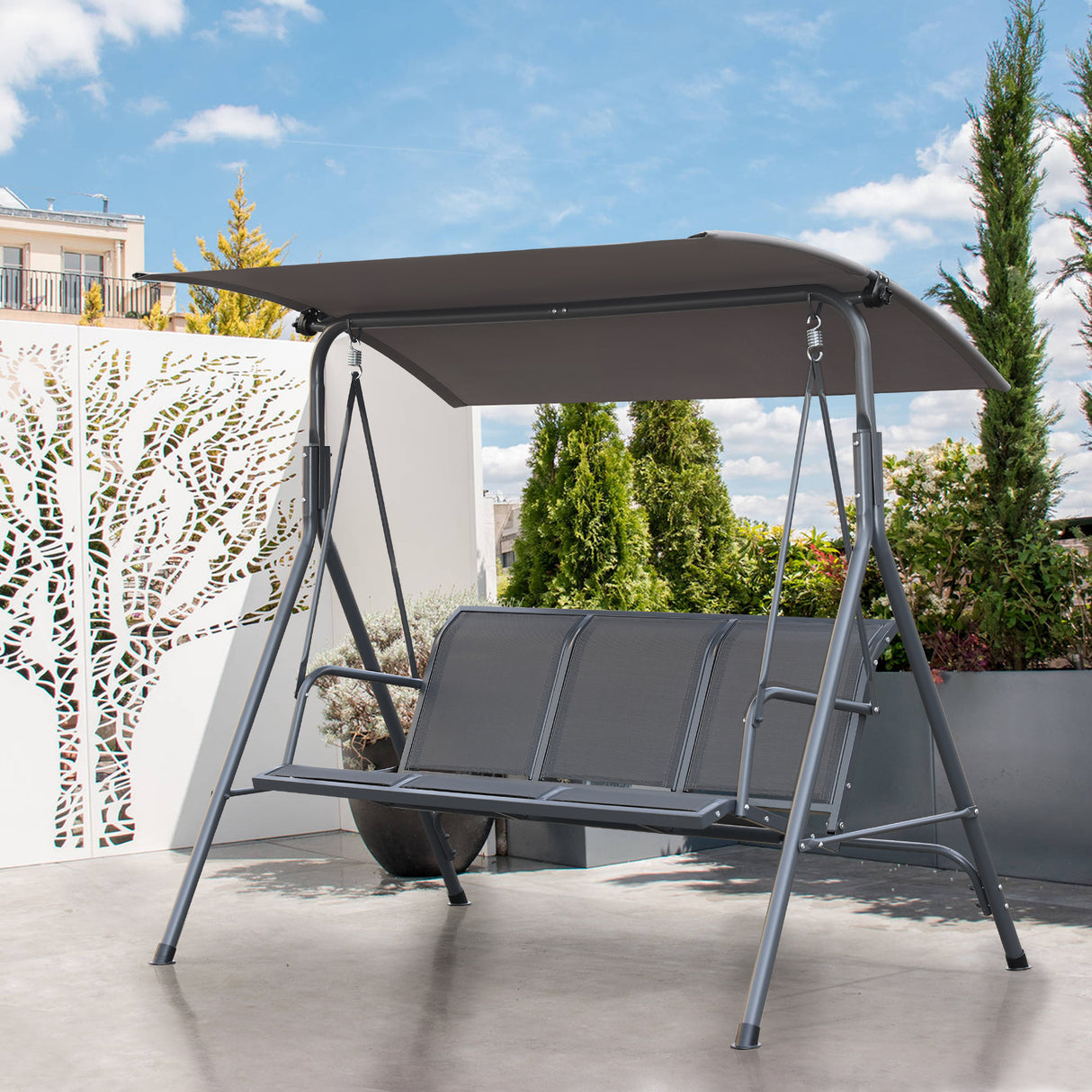 Angel Living Hollywoodschaukel Gartenschaukel 3 Sitzer mit Sonnenschutz aus Stahl Grau