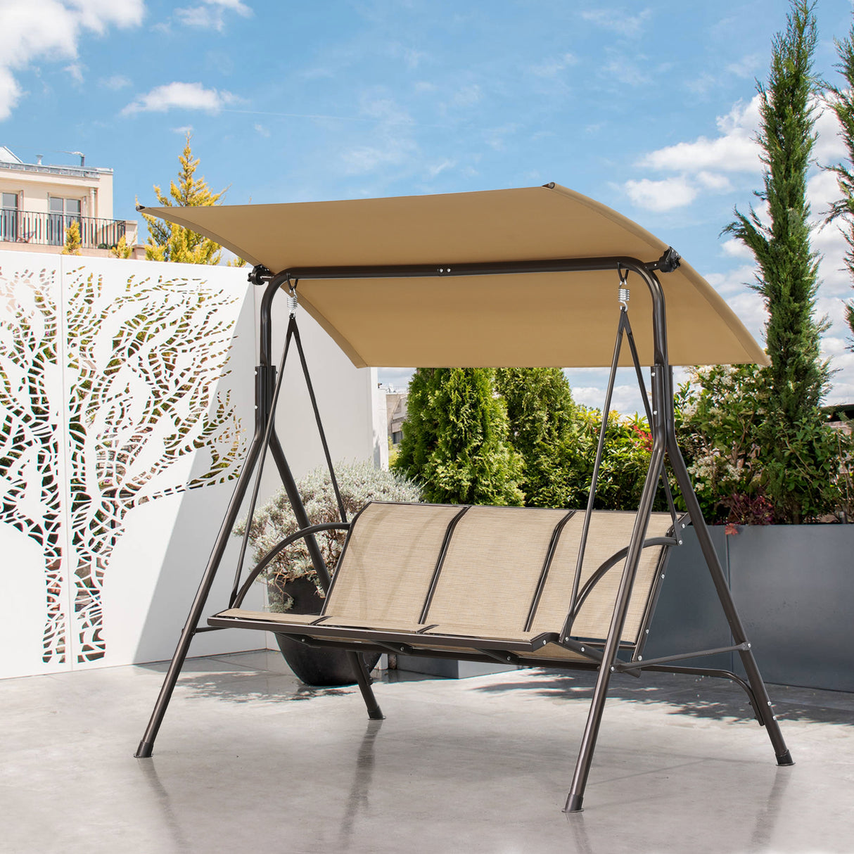 Angel Living Hollywoodschaukel Gartenschaukel 3 Sitzer mit Sonnenschutz aus Stahl Braun 170 x 110 x152cm