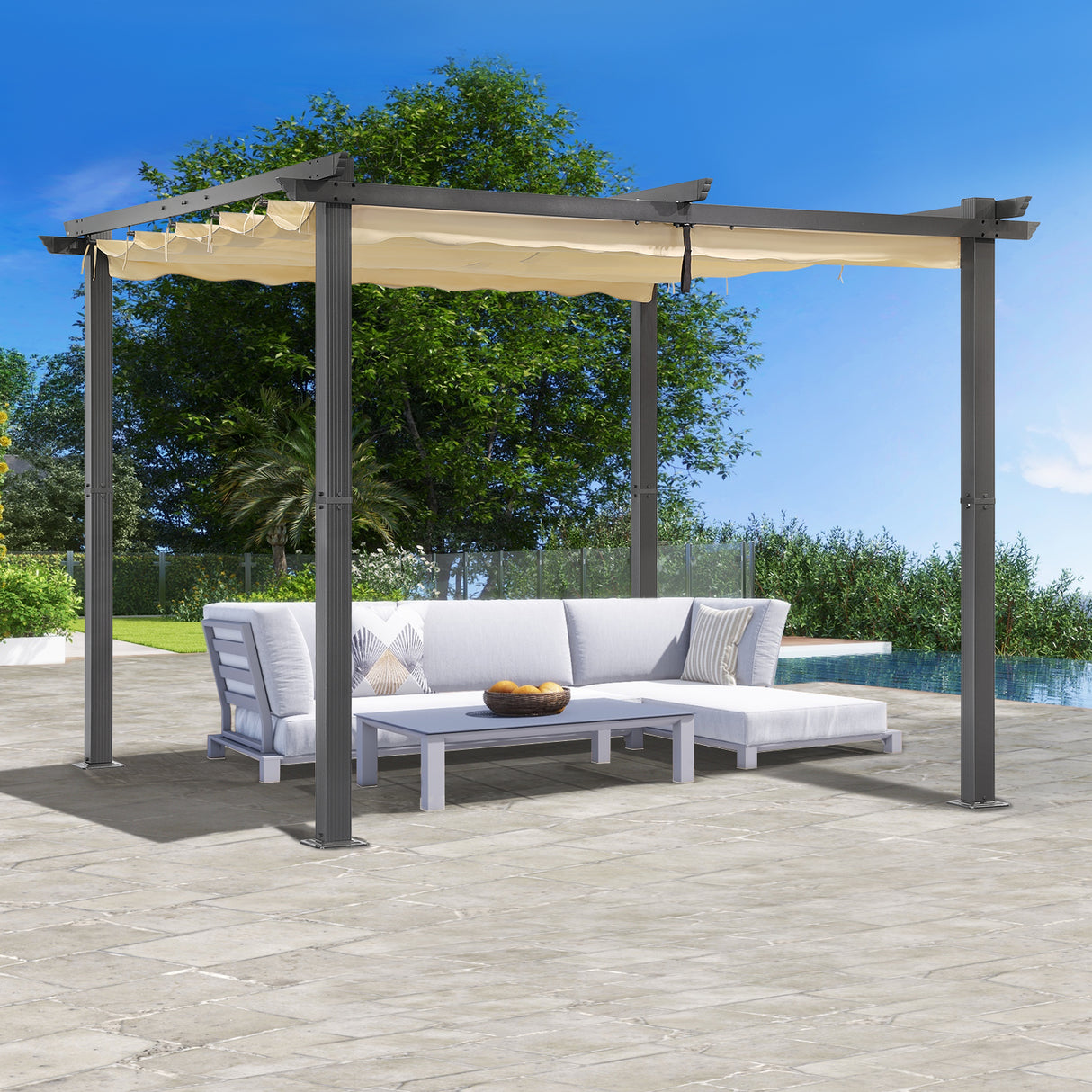 Angel Living Garten Pergola Pavillon Gartenpavillon aus Aluminium in anthrazit, Dachrohre aus Stahl, Verstellbares Dach aus Polyester