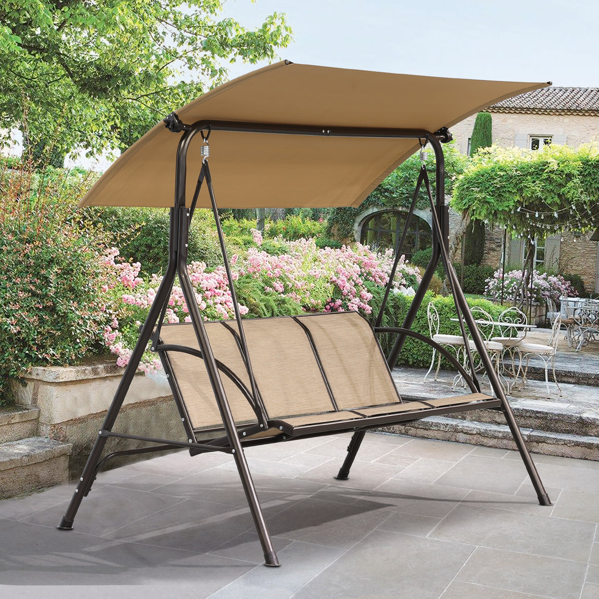 Angel Living Hollywoodschaukel Gartenschaukel 3 Sitzer mit Sonnenschutz aus Stahl Braun 170 x 110 x152cm