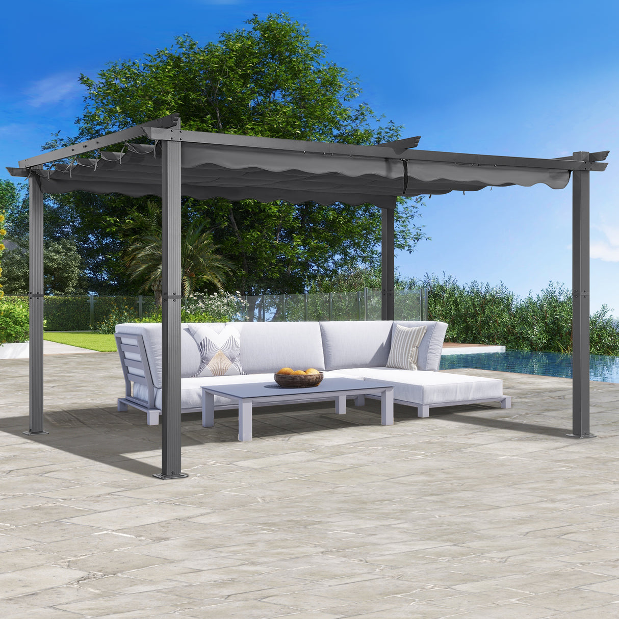 Angel Living Garten Pergola Pavillon Gartenpavillon aus Aluminium in anthrazit, Dachrohre aus Stahl, Verstellbares Dach aus Polyester