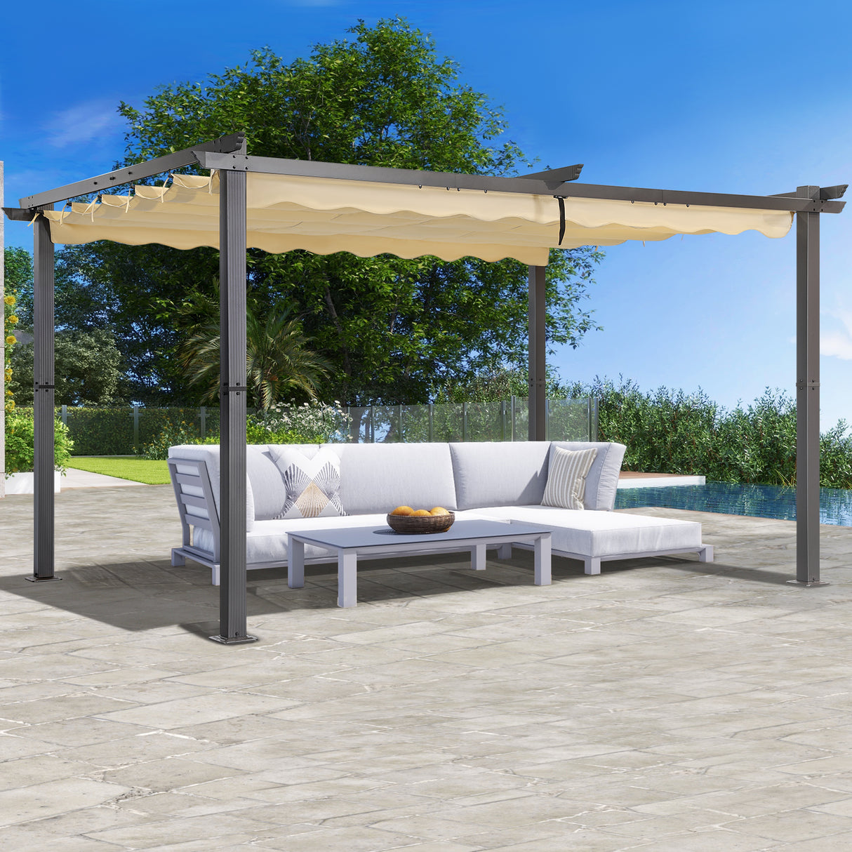Angel Living Garten Pergola Pavillon Gartenpavillon aus Aluminium in anthrazit, Dachrohre aus Stahl, Verstellbares Dach aus Polyester