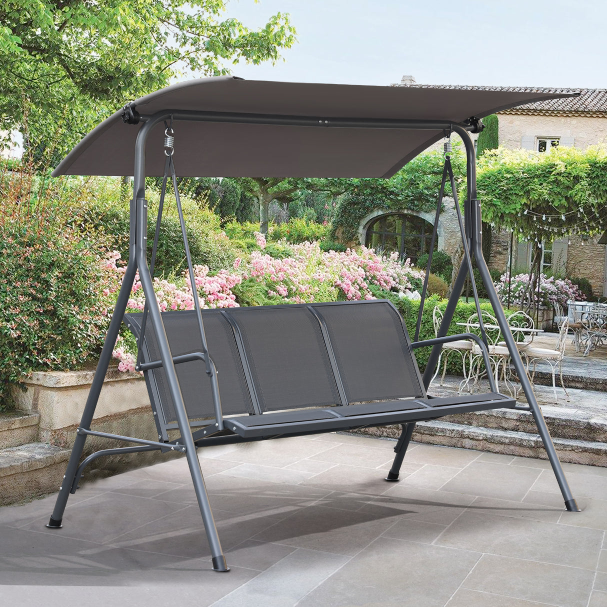 Angel Living Hollywoodschaukel Gartenschaukel 3 Sitzer mit Sonnenschutz aus Stahl Grau