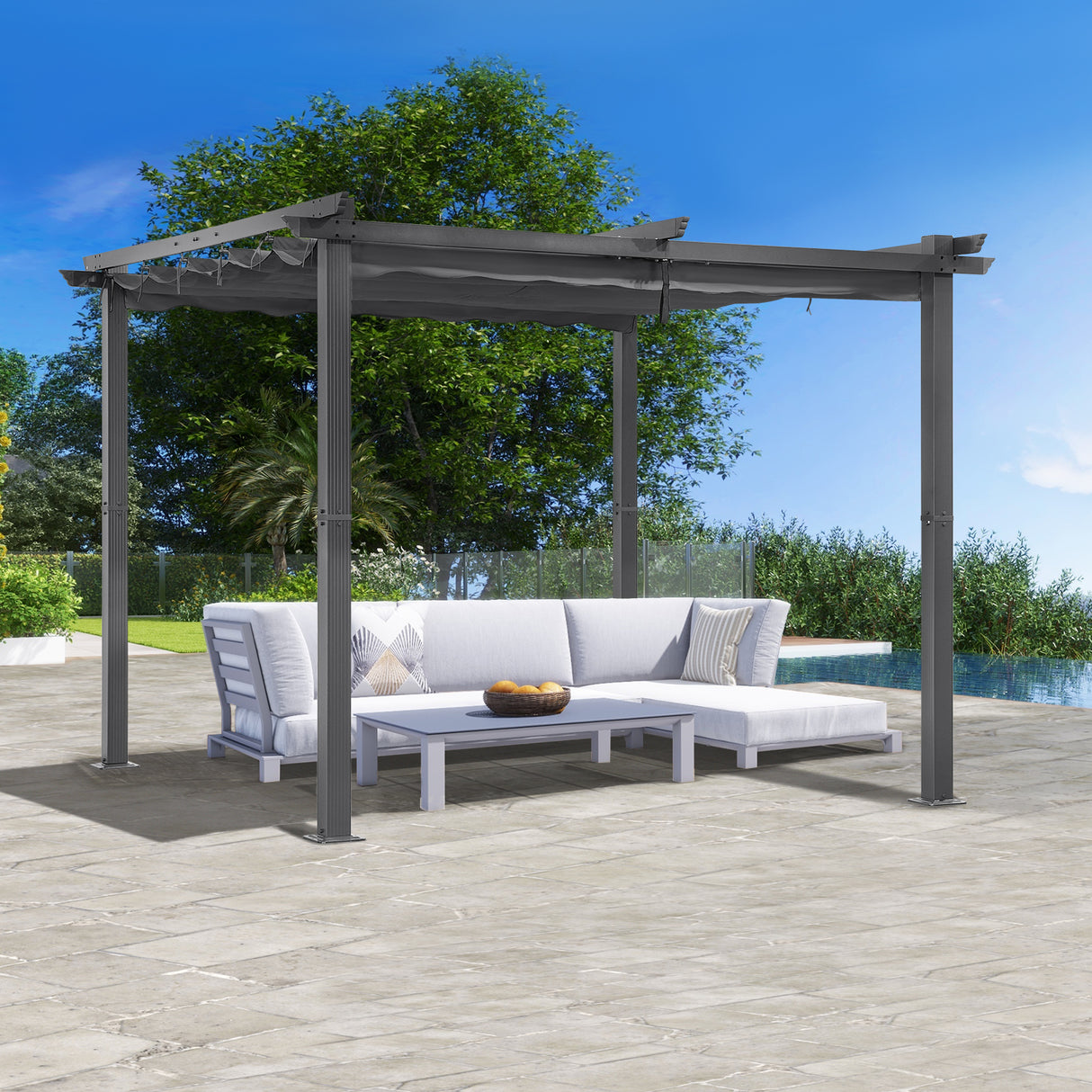 Angel Living Garten Pergola Pavillon Gartenpavillon aus Aluminium in anthrazit, Dachrohre aus Stahl, Verstellbares Dach aus Polyester