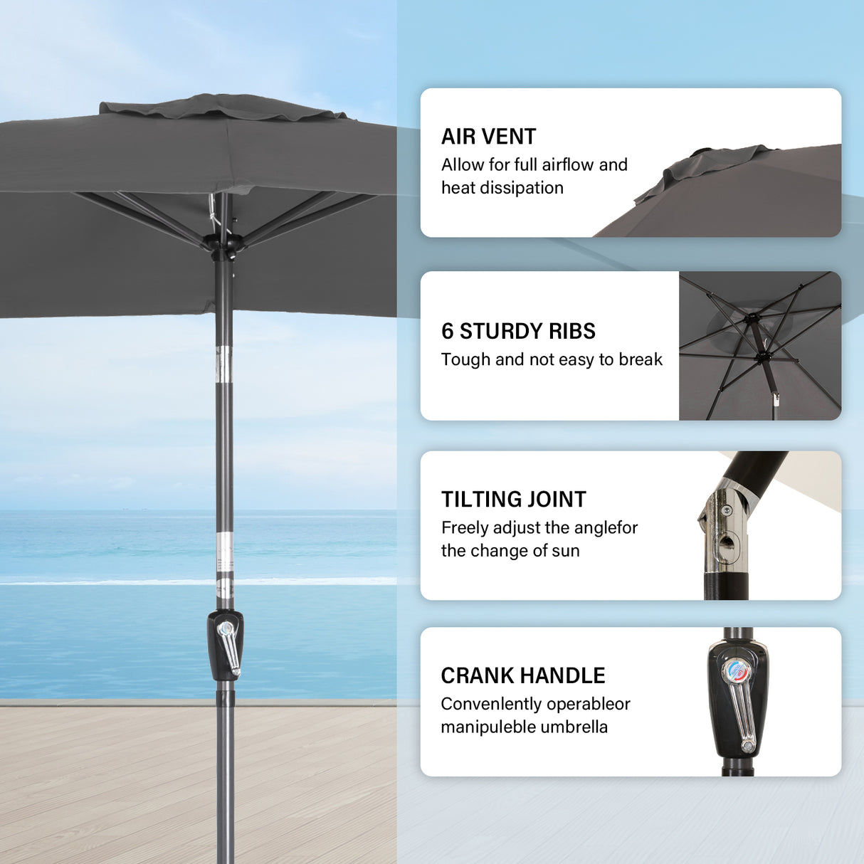 300x200cm Sonnenschirm Rechteck Sonneschirm aus aus Aluminium, Stahl und Polyester