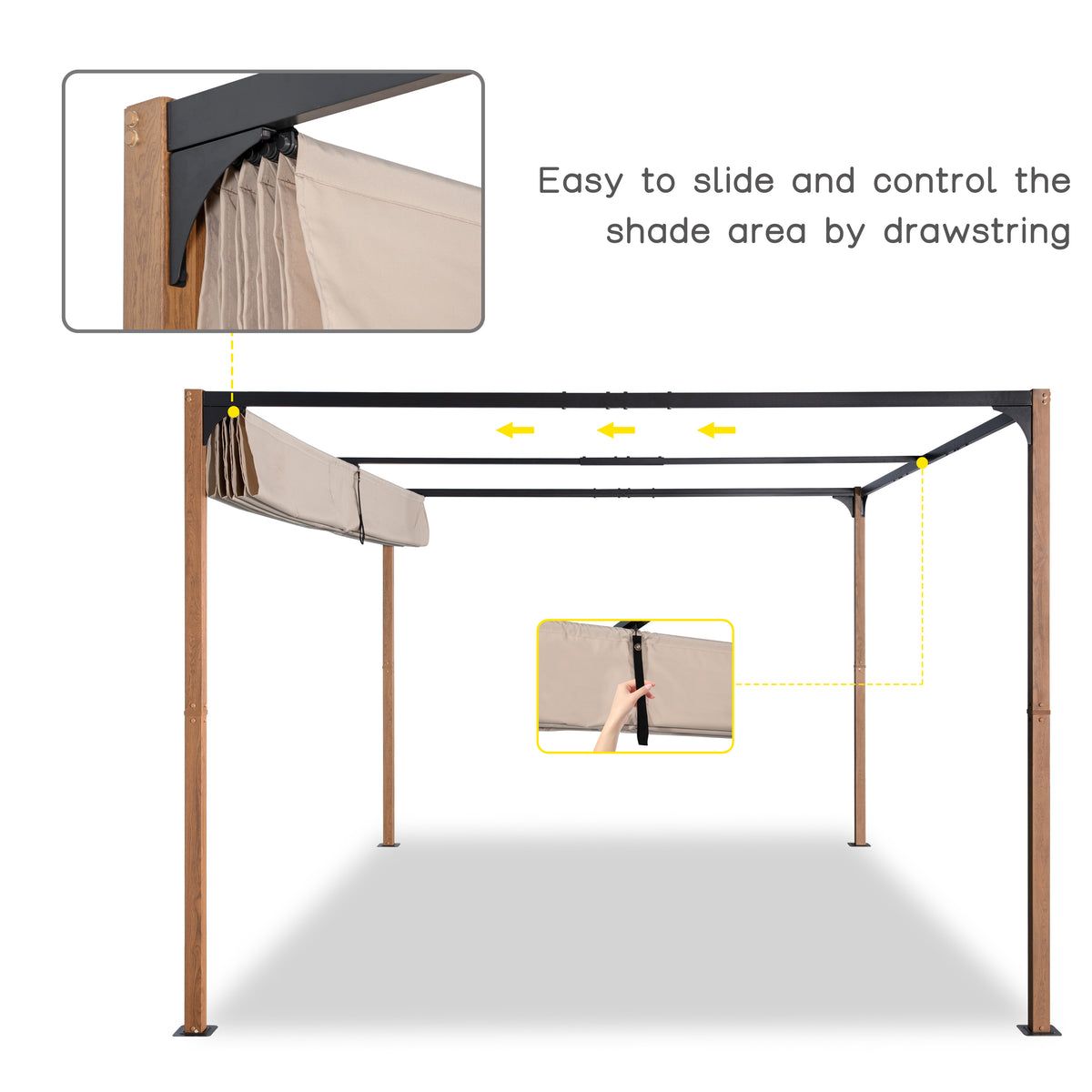 Angel Living Pergola aus einer Stahl-Aluminium-Kombination, 3 x 4 m, mit Einziehbarem Dach, Wasserdichtes Dach ohne Einfassung aus Polyester mit PU-Beschichtung, UV-beständig, für den Außenbereich: Garten, Terrasse (Cremegelb)