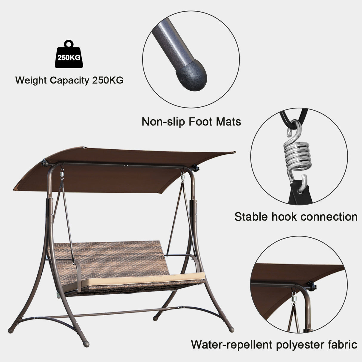 Gartenschaukel 159T, mit braunem Dach und gewebtem Rattanstuhl, 170x110x153cm (3 Sitze)