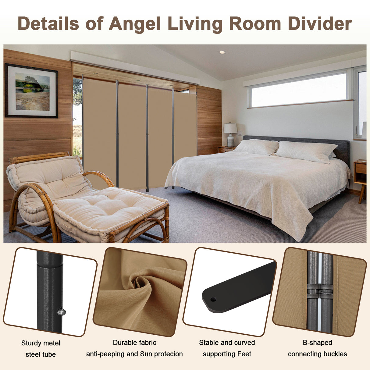 Angel Living Screen 4-part privacy screen, folding screen room divider privacy screen made of steel and polyester
