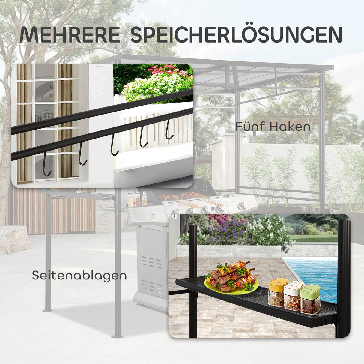 Angel Living Grillpavillon aus Aluminium und Stahl mit PC-Dach, Aluminium-Vordach mit Dunstabzugshaube, Pergola-Pavillon für den Grill mit Stauraum, 1,5 x 2,16 m