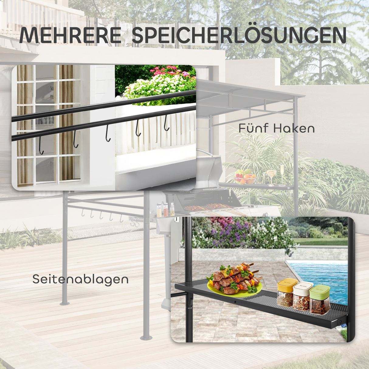 Angel Living Grillpavillon 218x150x215cm, Winddicht mit Seitenregalen Gartenpavillon Regalen Gartenlauben mit UV-Schutz, BBQ Pavillon aus Stahl, Gartenzelt Grillzelt für Party BBQ Grau