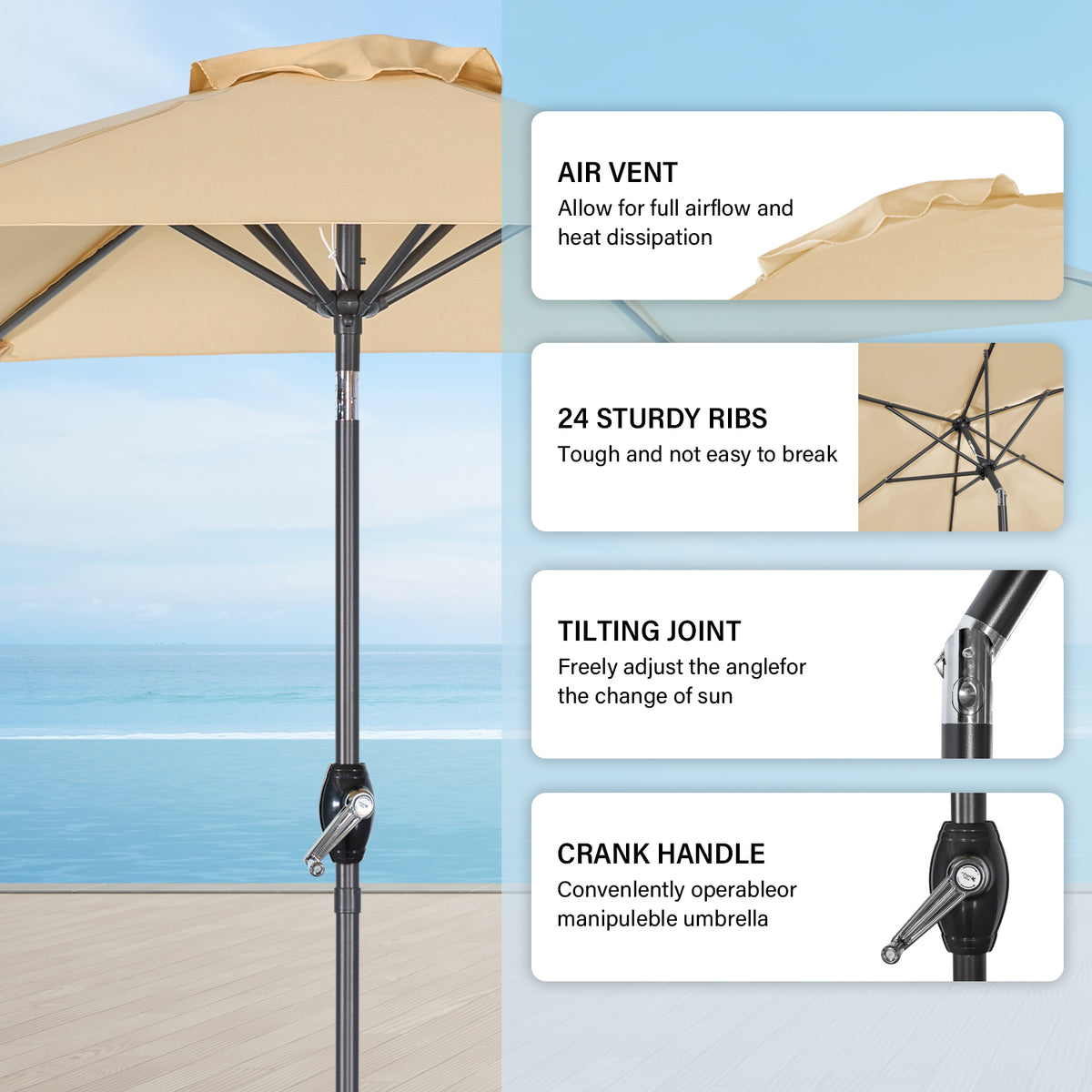 Angel Living Sonnenschirm 2.3M mit Kurbel und Neigbar, Gartenschirm Marktschirm Terrassenschirm Taupe Rund Sonneschirm Sonnenschutz aus Polyester UV50+