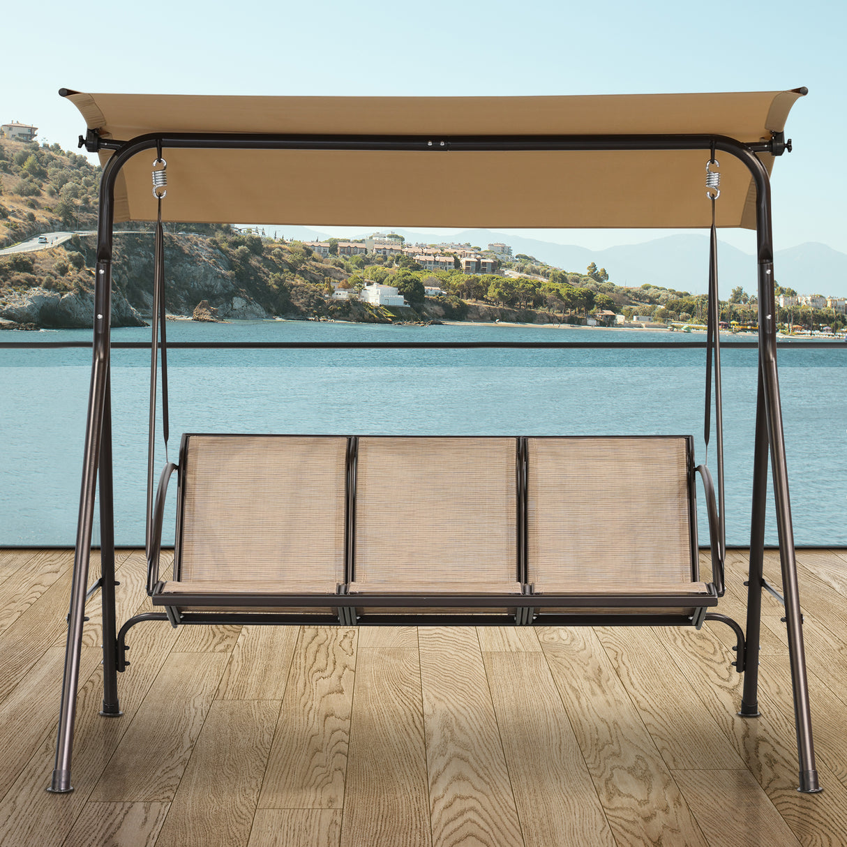 Angel Living Hollywoodschaukel Gartenschaukel 3 Sitzer mit Sonnenschutz aus Stahl Braun 170 x 110 x152cm