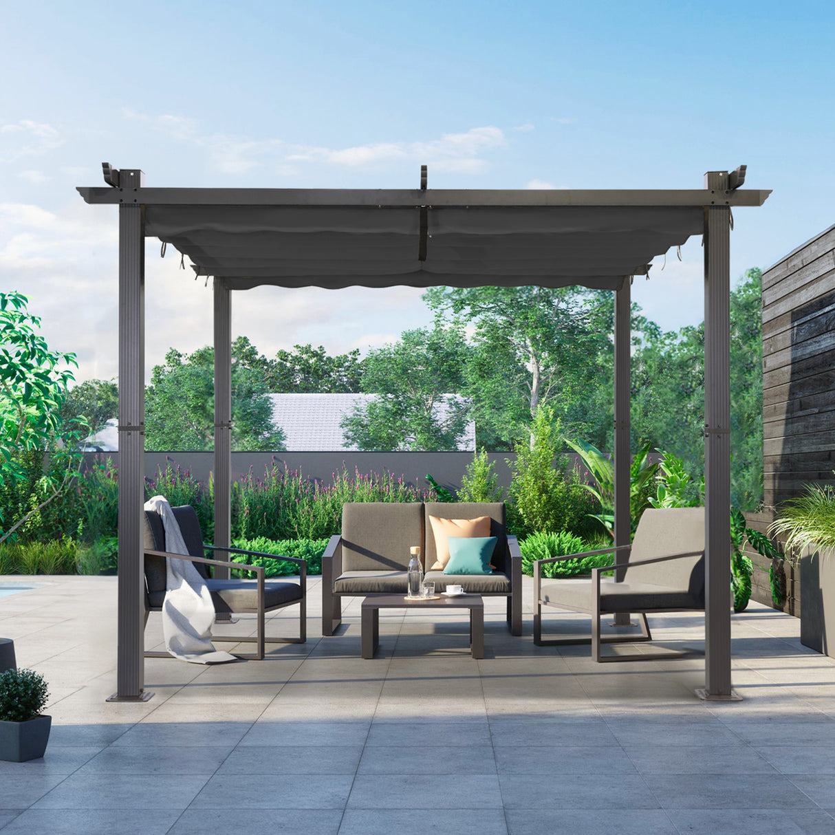 Angel Living Garten Pergola Pavillon Gartenpavillon aus Aluminium in anthrazit, Dachrohre aus Stahl, Verstellbares Dach aus Polyester