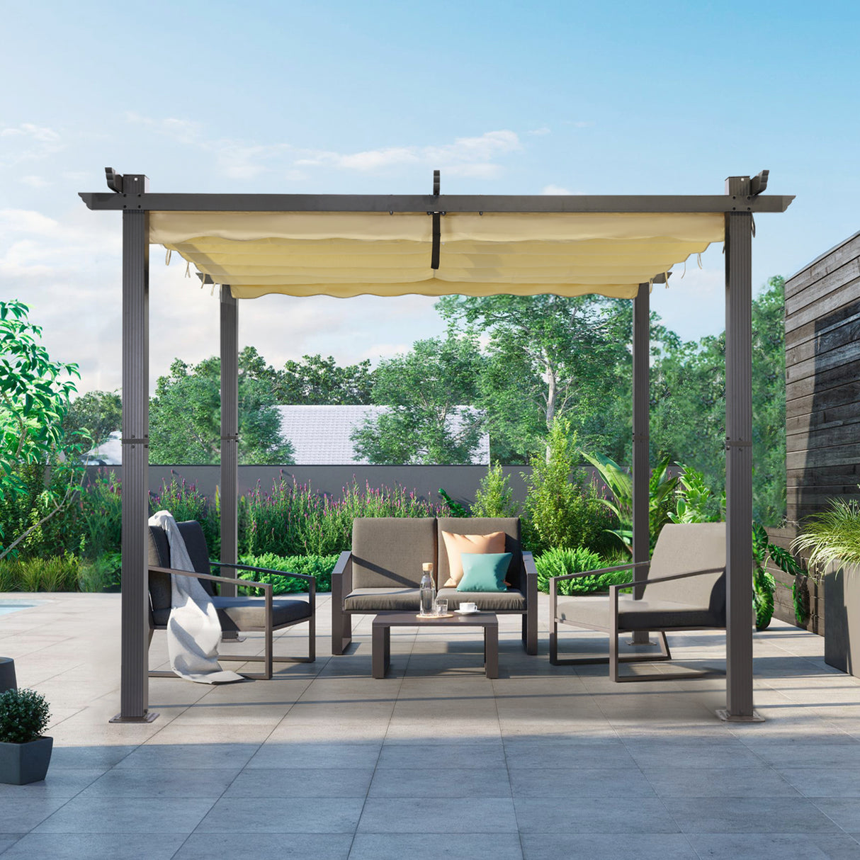 Angel Living Garten Pergola Pavillon Gartenpavillon aus Aluminium in anthrazit, Dachrohre aus Stahl, Verstellbares Dach aus Polyester