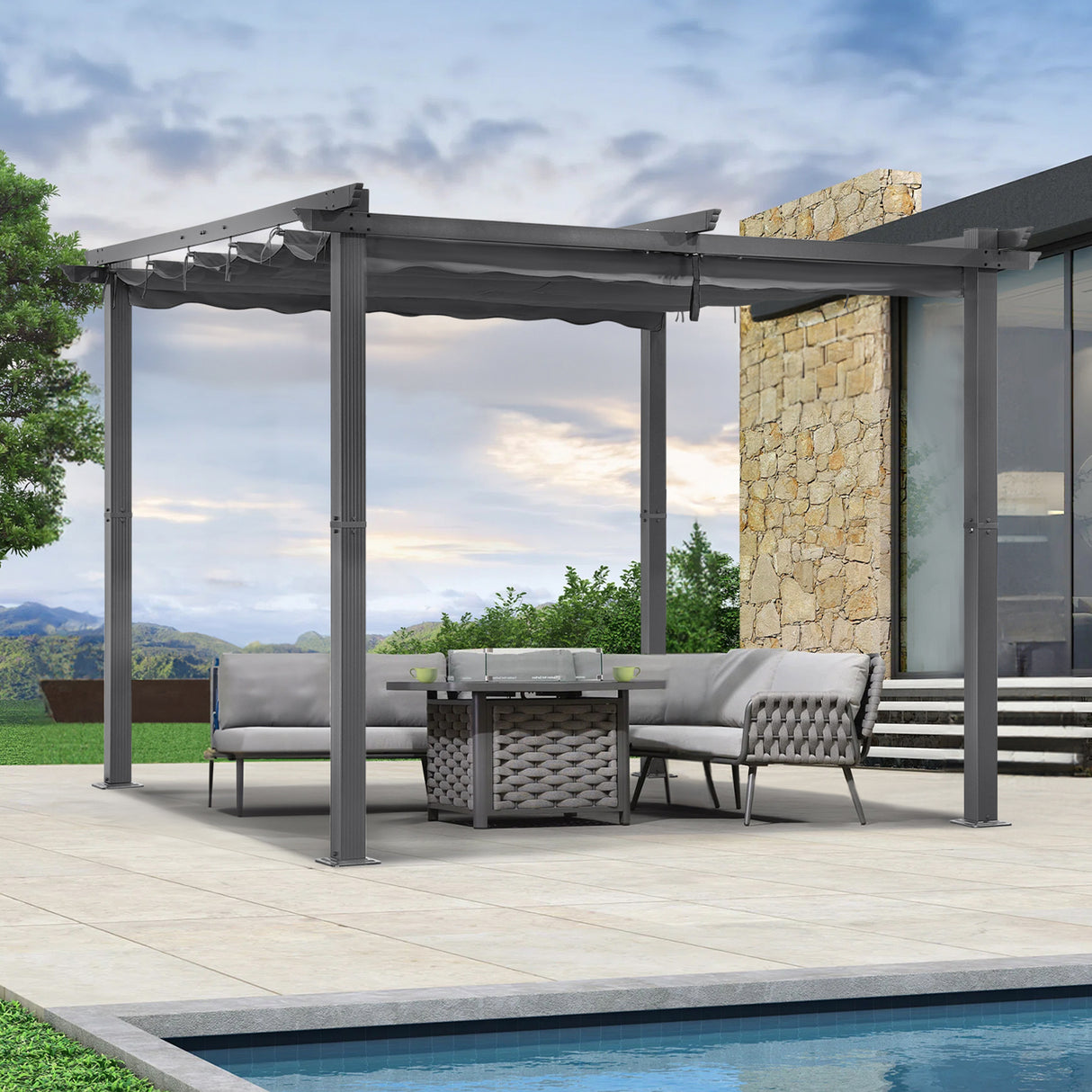 Angel Living Garten Pergola Pavillon Gartenpavillon aus Aluminium in anthrazit, Dachrohre aus Stahl, Verstellbares Dach aus Polyester