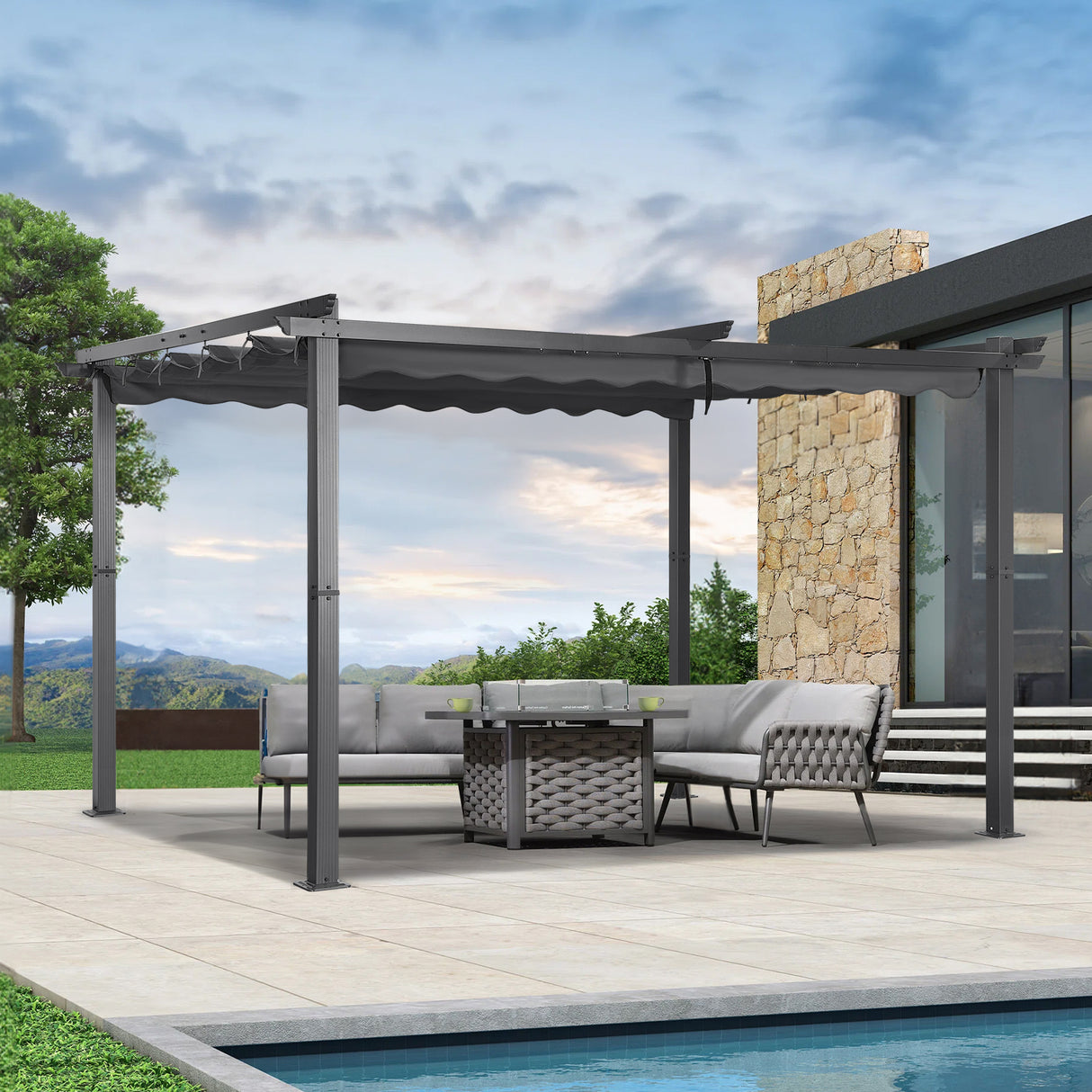 Angel Living Garten Pergola Pavillon Gartenpavillon aus Aluminium in anthrazit, Dachrohre aus Stahl, Verstellbares Dach aus Polyester