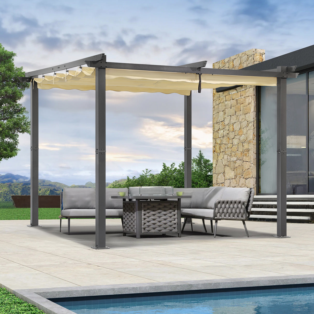 Angel Living Garten Pergola Pavillon Gartenpavillon aus Aluminium in anthrazit, Dachrohre aus Stahl, Verstellbares Dach aus Polyester