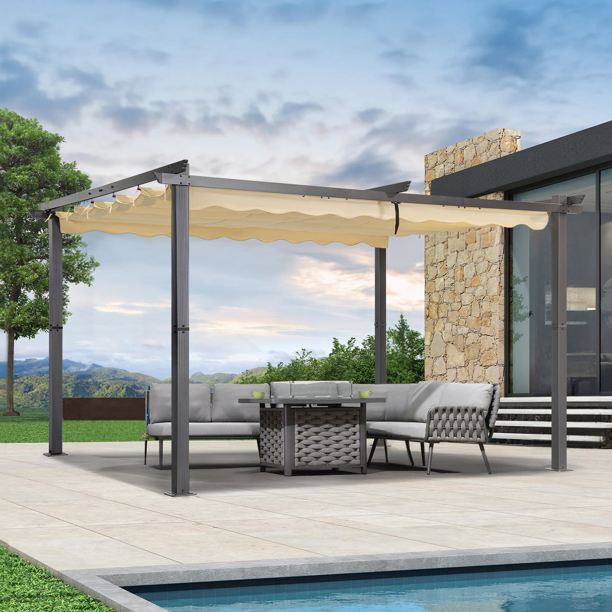 Angel Living Garten Pergola Pavillon Gartenpavillon aus Aluminium in anthrazit, Dachrohre aus Stahl, Verstellbares Dach aus Polyester
