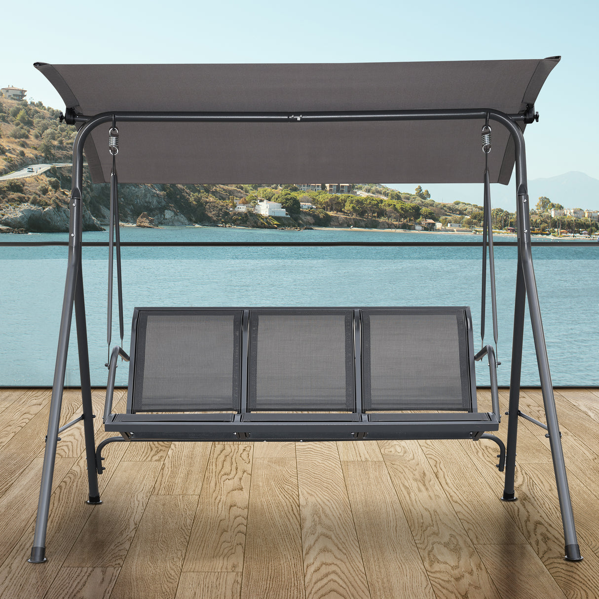 Angel Living Hollywoodschaukel Gartenschaukel 3 Sitzer mit Sonnenschutz aus Stahl Grau