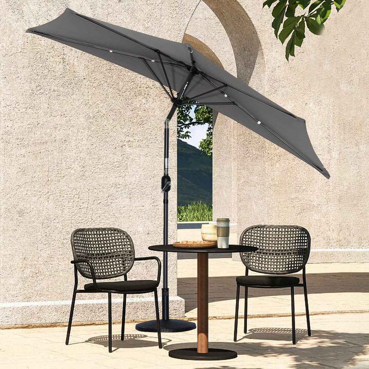 270cm Halbrund Sonnenschirm,Terrassenschirm mit Kurbel, mit UV-Schutz 40+