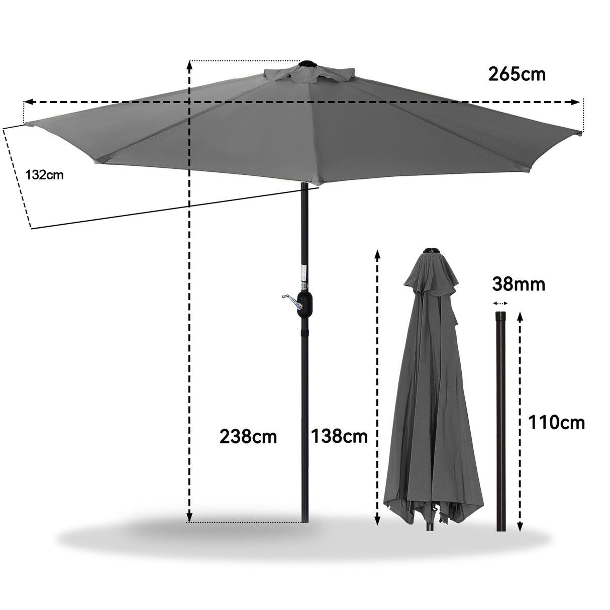 270cm Halbrund Sonnenschirm,Terrassenschirm mit Kurbel, mit UV-Schutz 40+