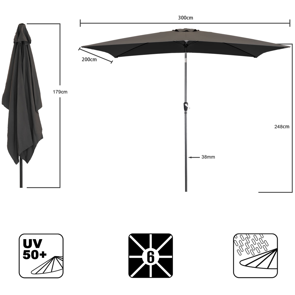 300x200cm Sonnenschirm Rechteck Sonneschirm aus aus Aluminium, Stahl und Polyester